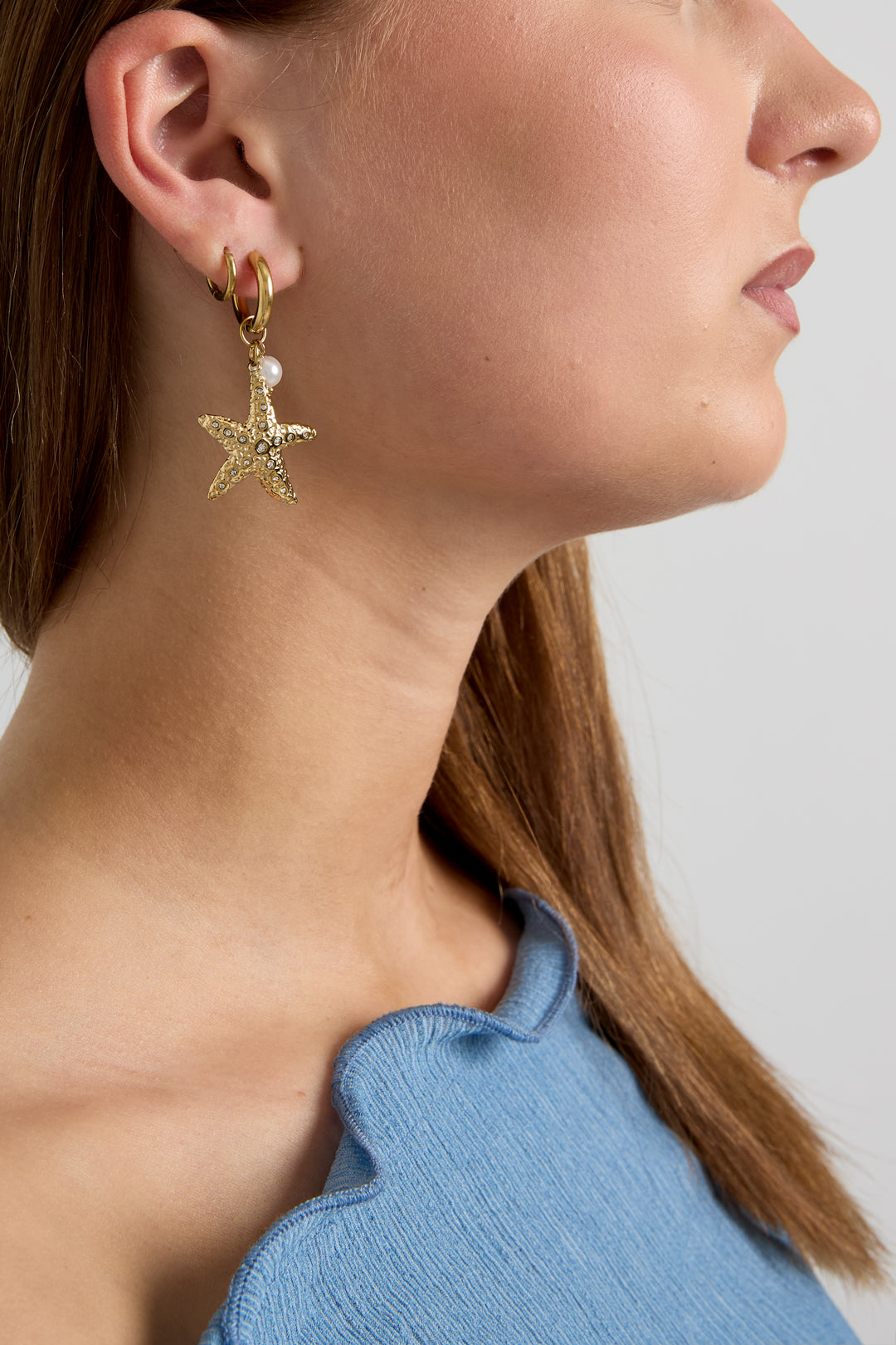 Women's dangle earrings made of stainless steel, ABS, zircon with starfish motif – gold-colored – image 3