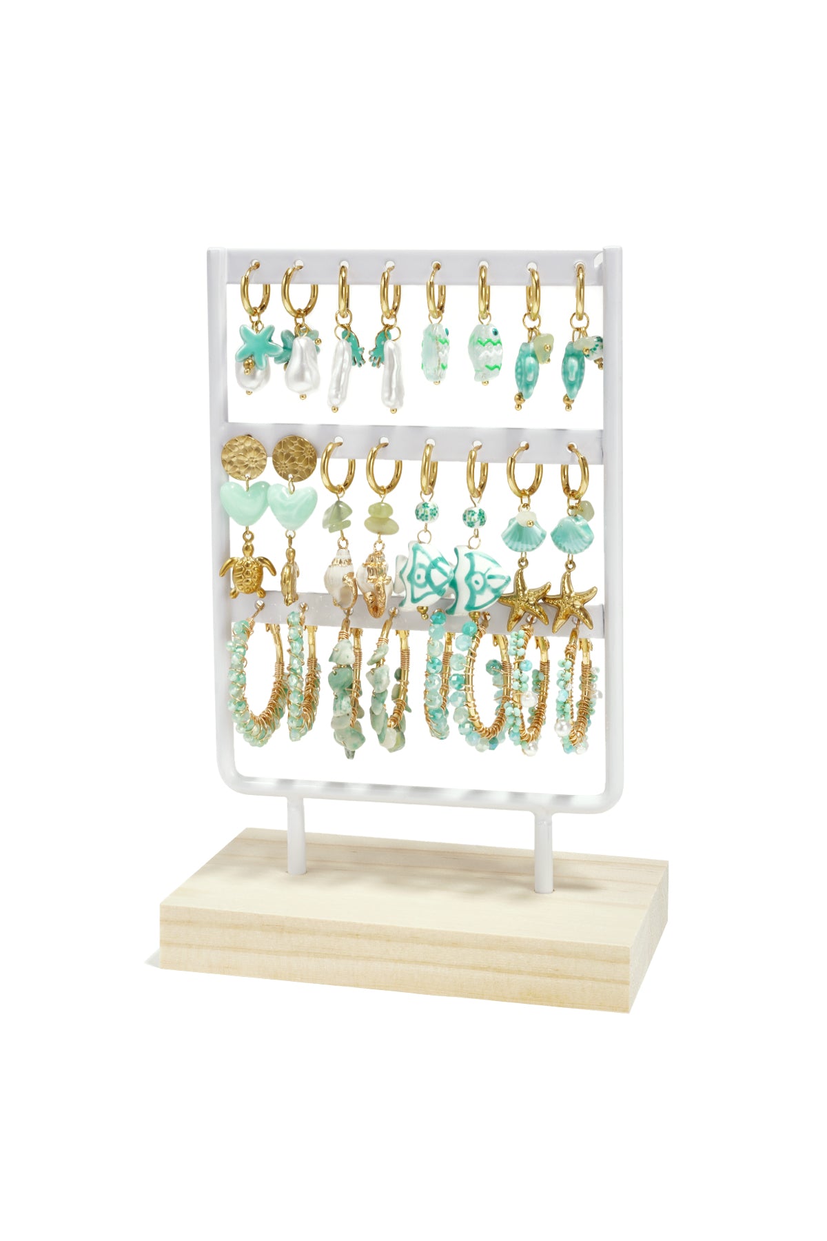 Présentoir à boucles d'oreilles en acier inoxydable, verre, céramique, émail, perle d'imitation, acrylique, coquille, émail