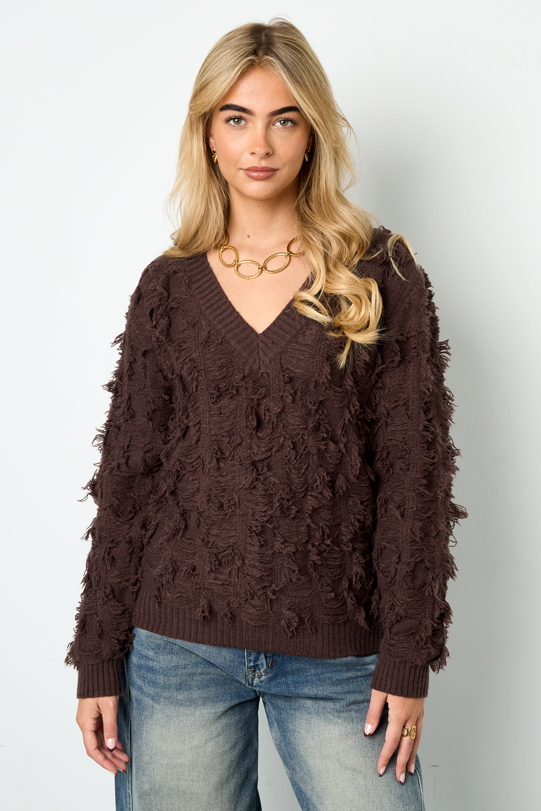 Dames V-sweater van polyester met franjes – productfoto 5