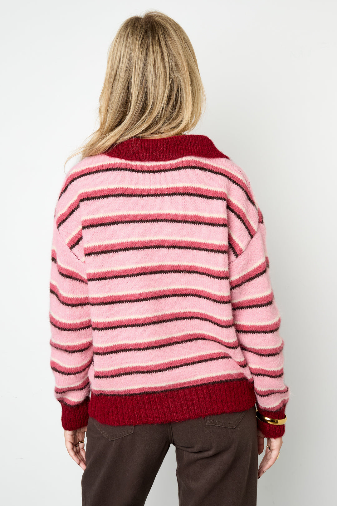 Dames gebreide polotrui van polyester met strepen – productfoto 6
