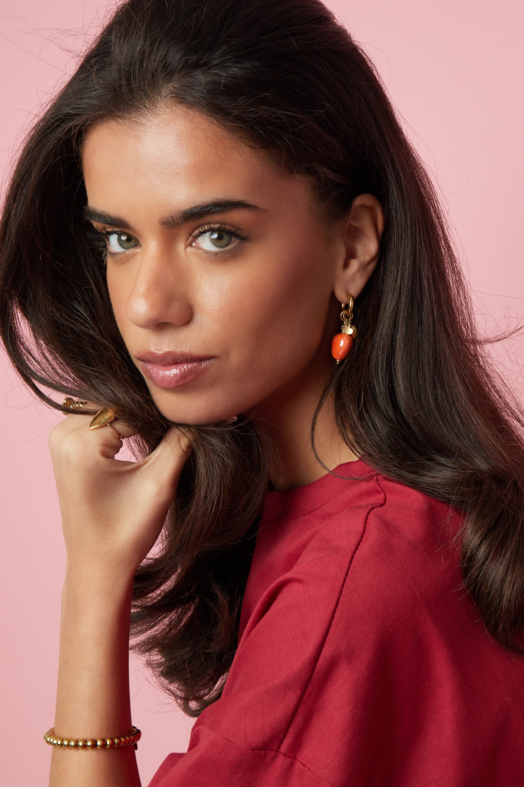 Women's Stainless Steel and Ceramic Heart-Shaped Drop Earrings – Pink and Orange – image 2