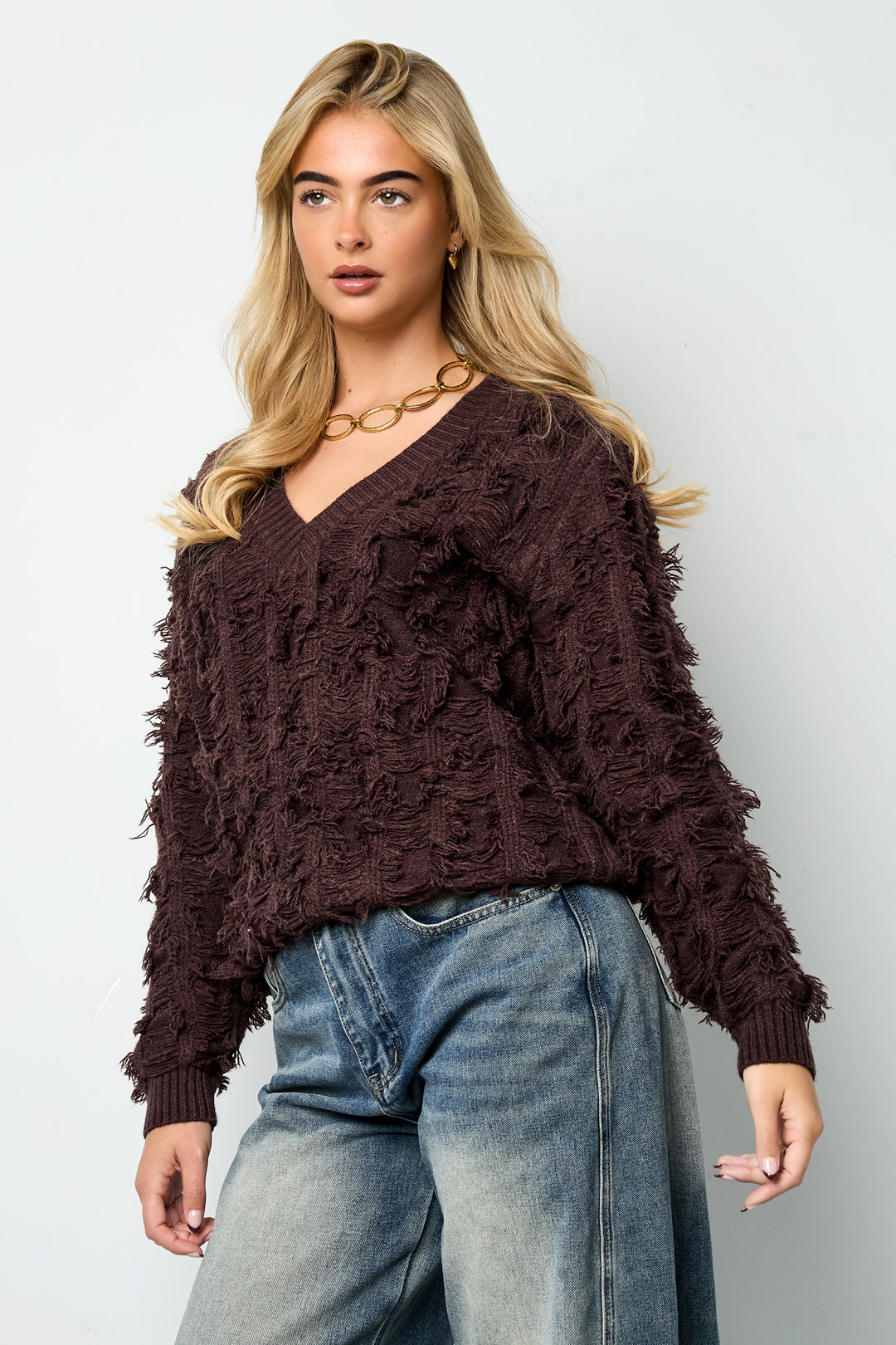 Dames V-sweater van polyester met franjes – productfoto 3