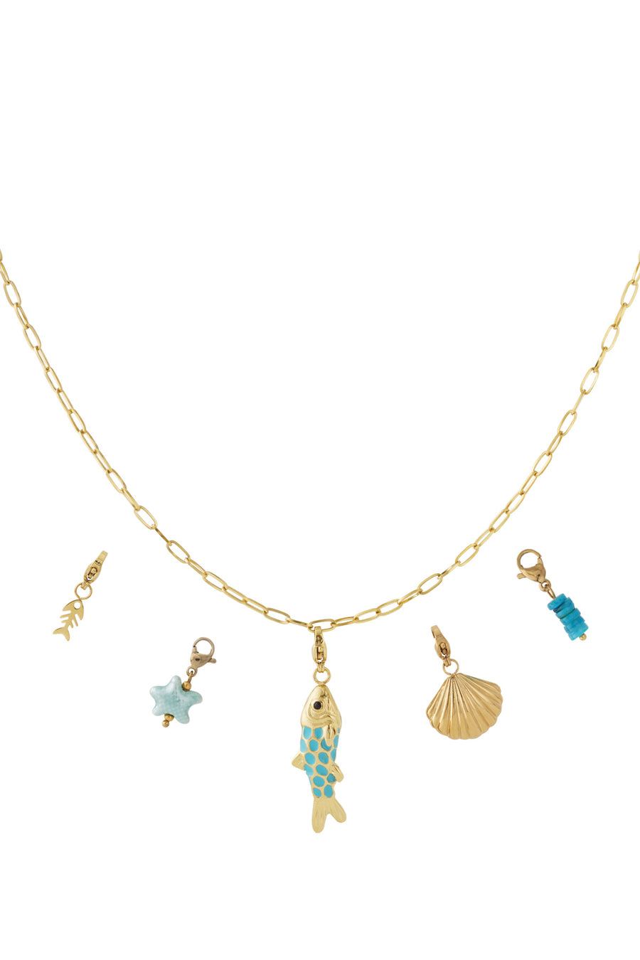Collier pour femmes avec pendentif en acier inoxydable, émail, coquillage, céramique à motif poisson et motif coquillage