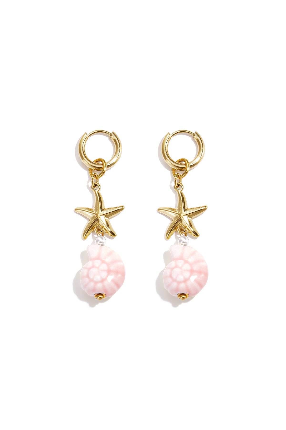 Boucles d'oreilles pendantes pour femmes en acier inoxydable, céramique à motif coquillage et étoile de mer – Rose