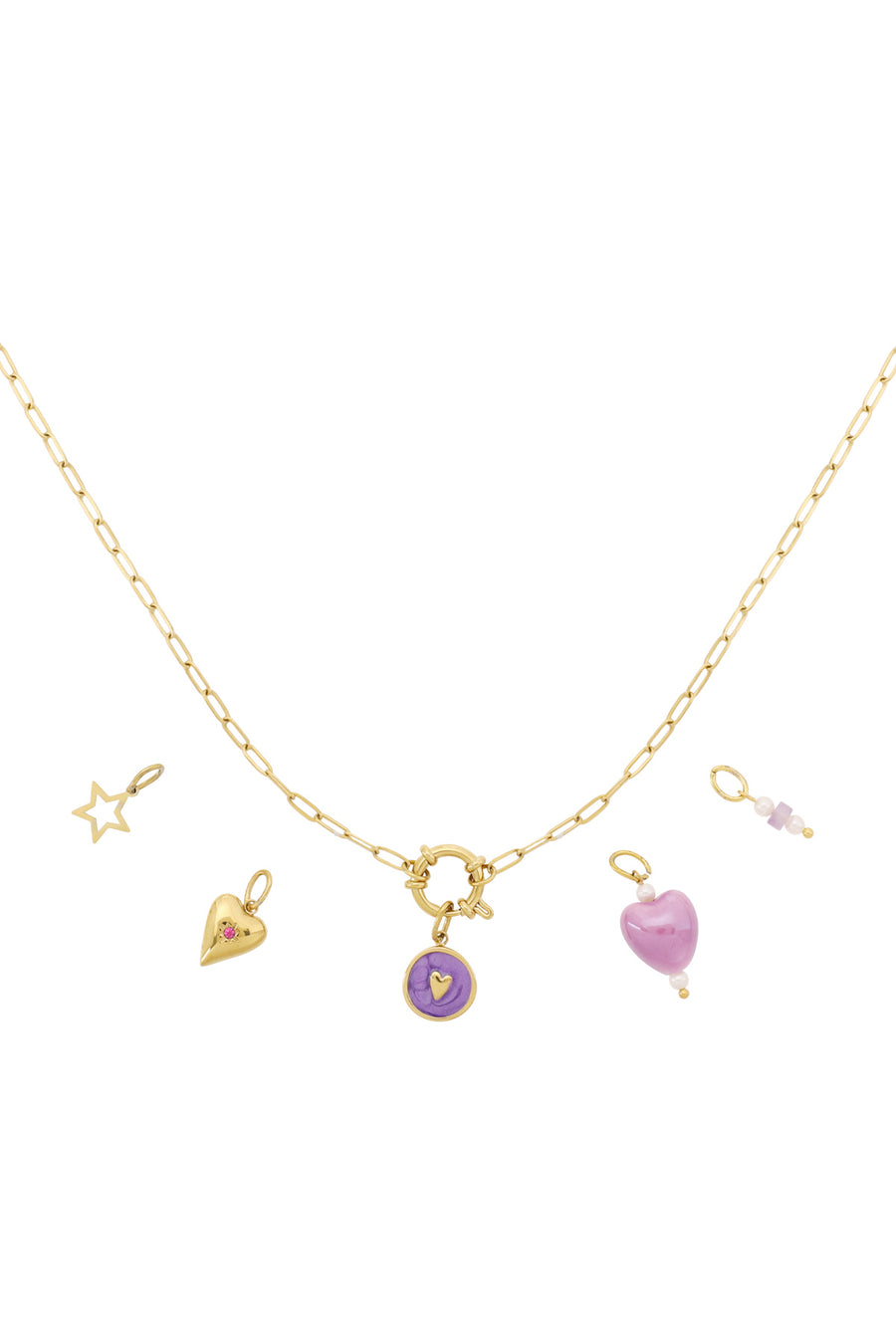 Collier femme avec pendentif en acier inoxydable, céramique, verre, émail, perle d'imitation avec forme de cœur