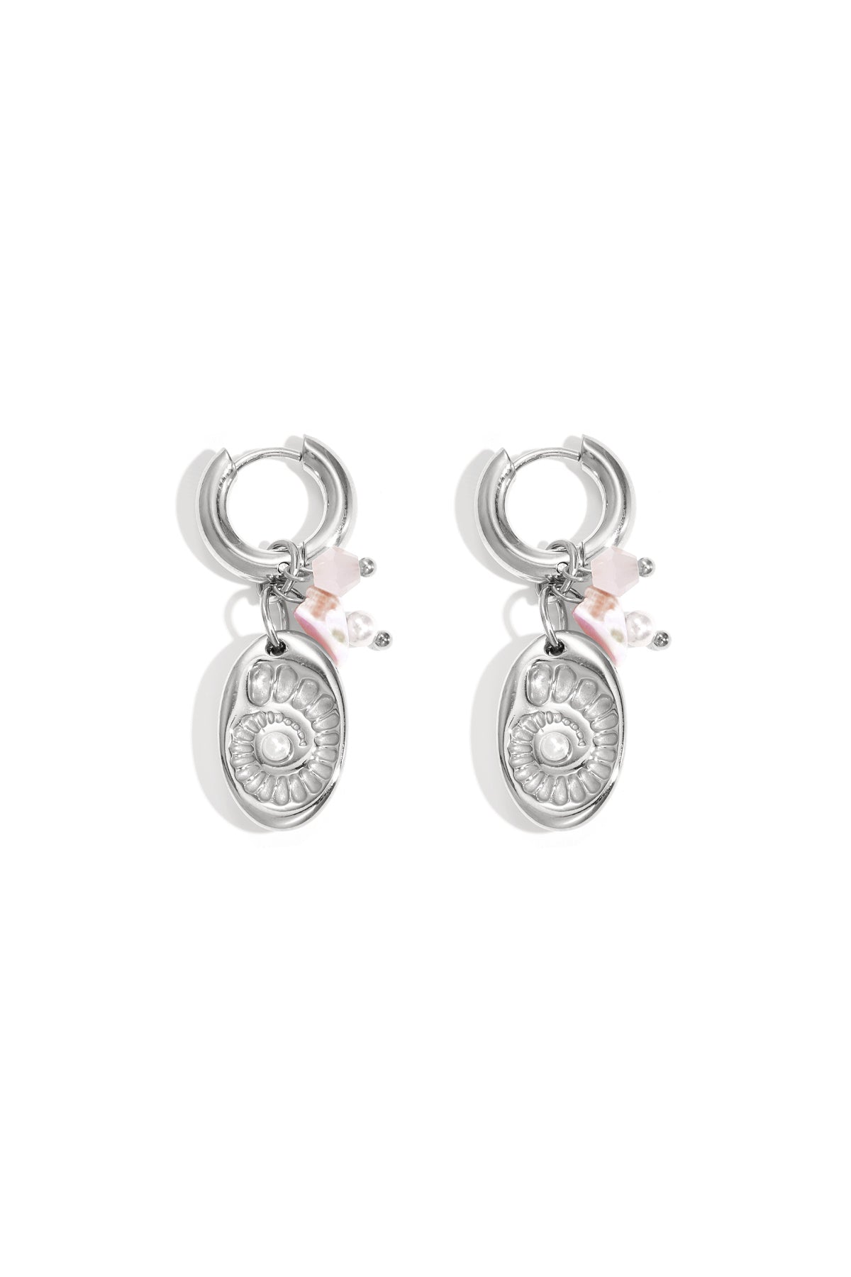 Women's drop earrings made of stainless steel, crystal, stone, imitation pearl with shell motif