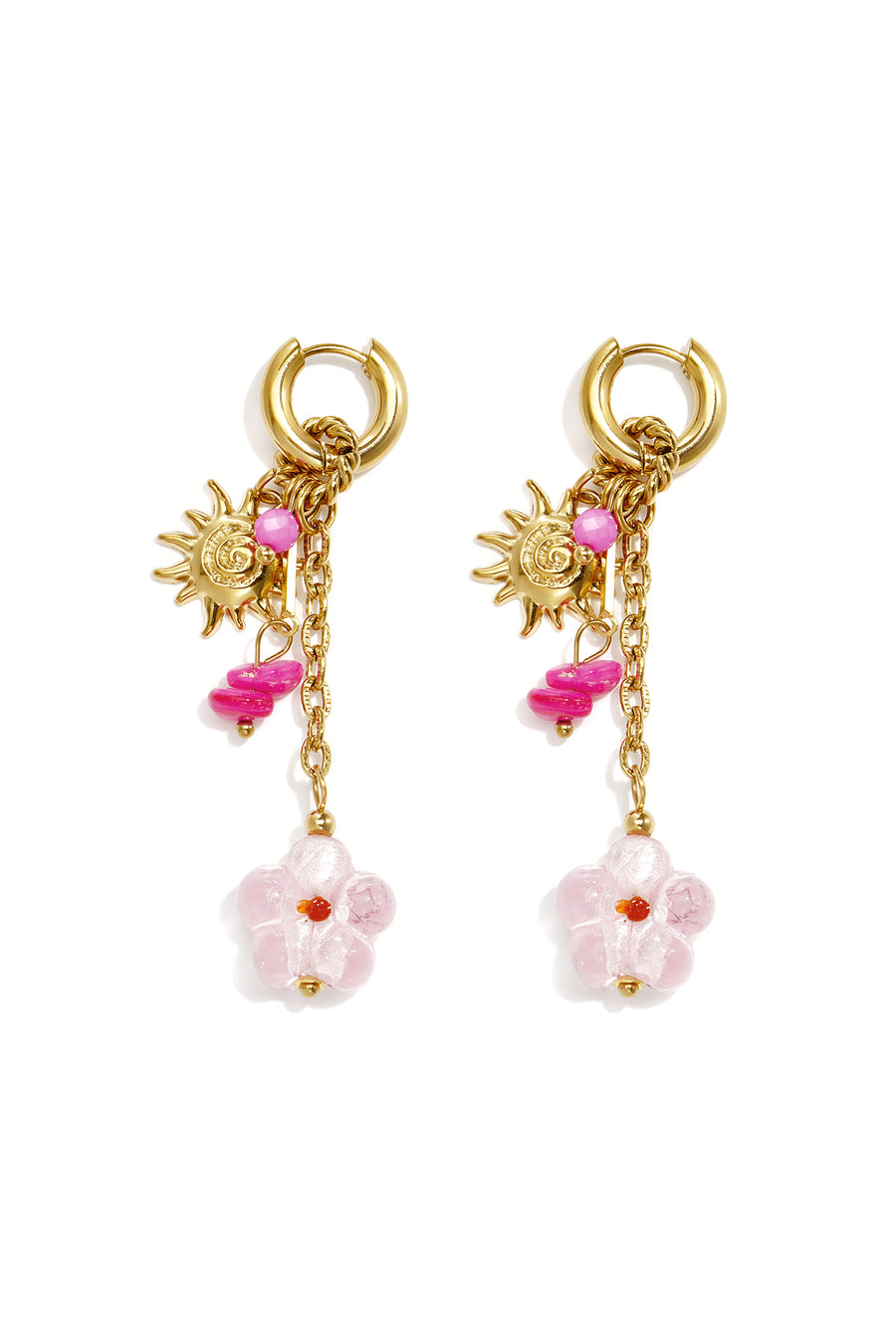 Boucles d'oreilles pendantes perlées en acier inoxydable pour femmes avec motif floral – rose