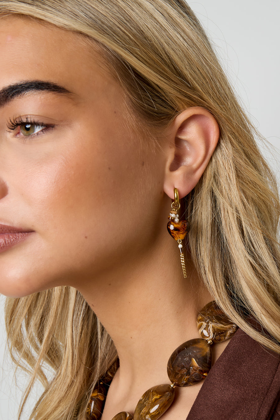 Boucles d'oreilles pendantes pour femmes en acier inoxydable, perles, cristaux, pierres, résine – Marron