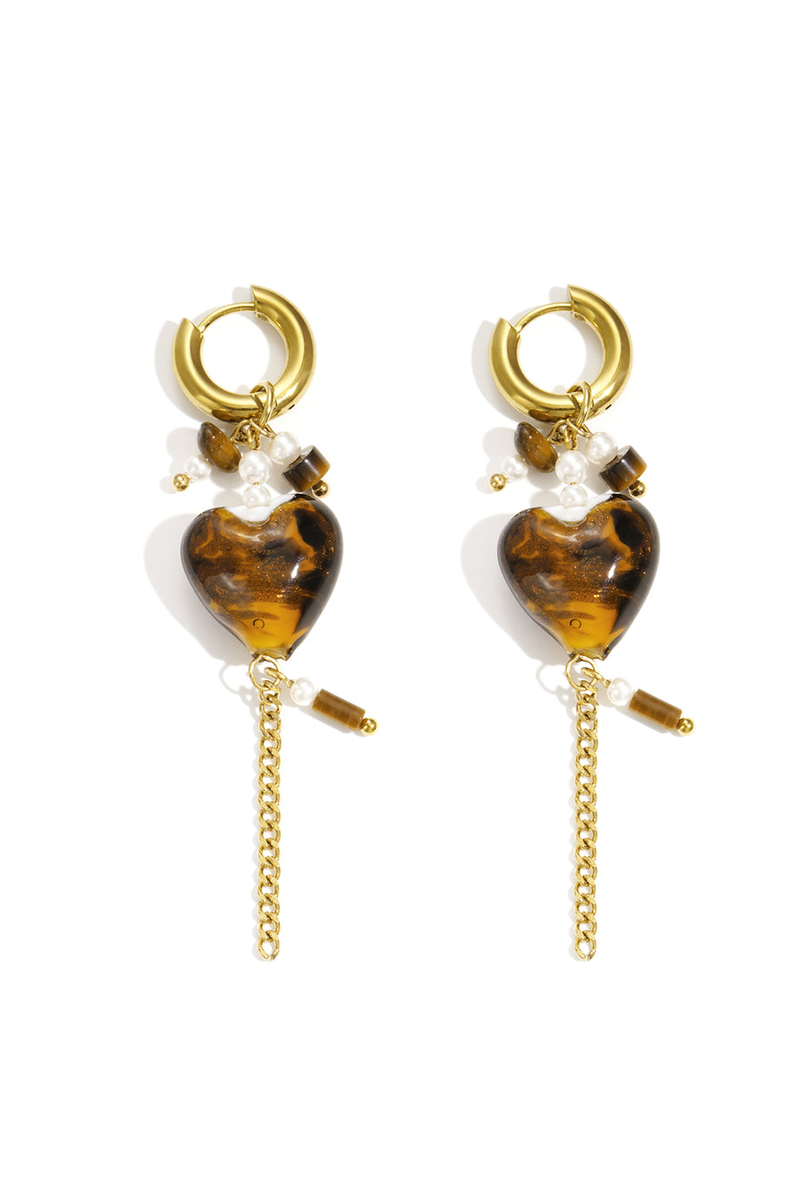 Boucles d'oreilles pendantes pour femmes en acier inoxydable, perles, cristaux, pierres, résine – Marron