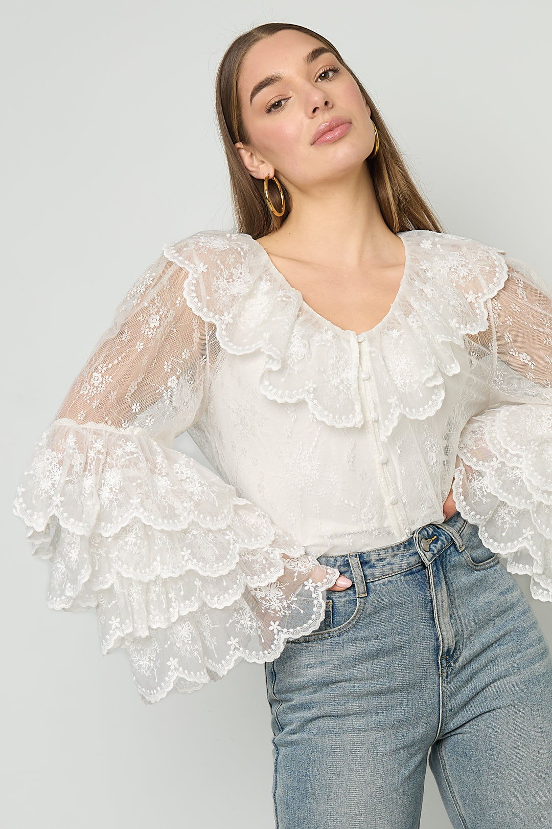 Dames blouse van polyester met bloemenprint en kant – productfoto 6