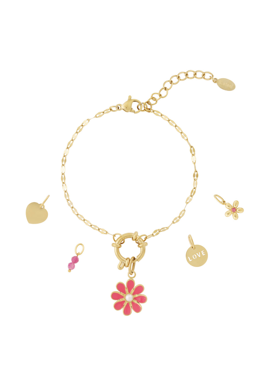 Bracelet à breloques pour femme en acier inoxydable, émail, perles d'imitation, pierre, strass avec motif floral