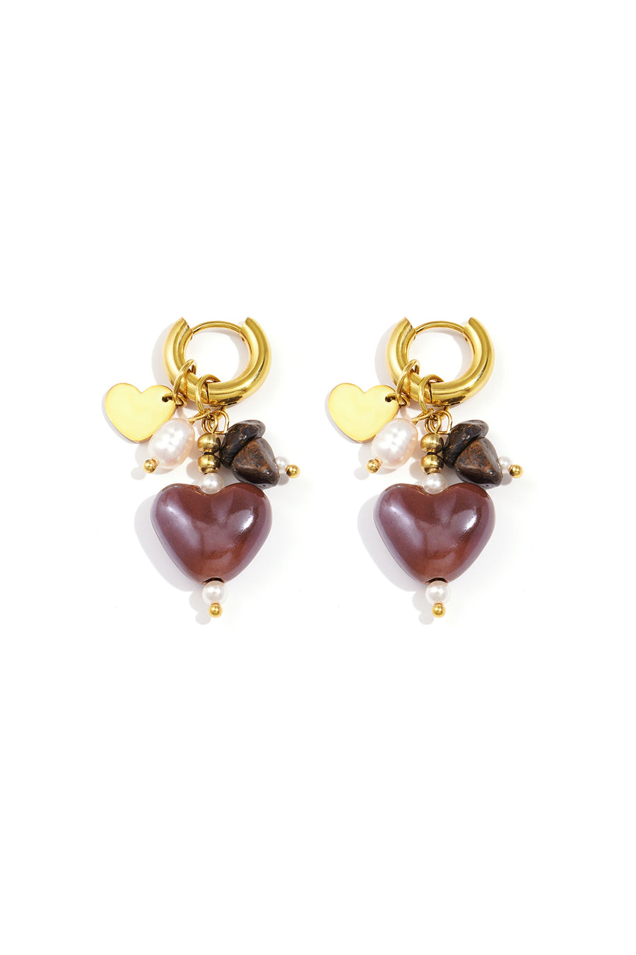 Boucles d'oreilles pendantes pour femmes en acier inoxydable, perle, cristal, pierre, céramique avec cœur