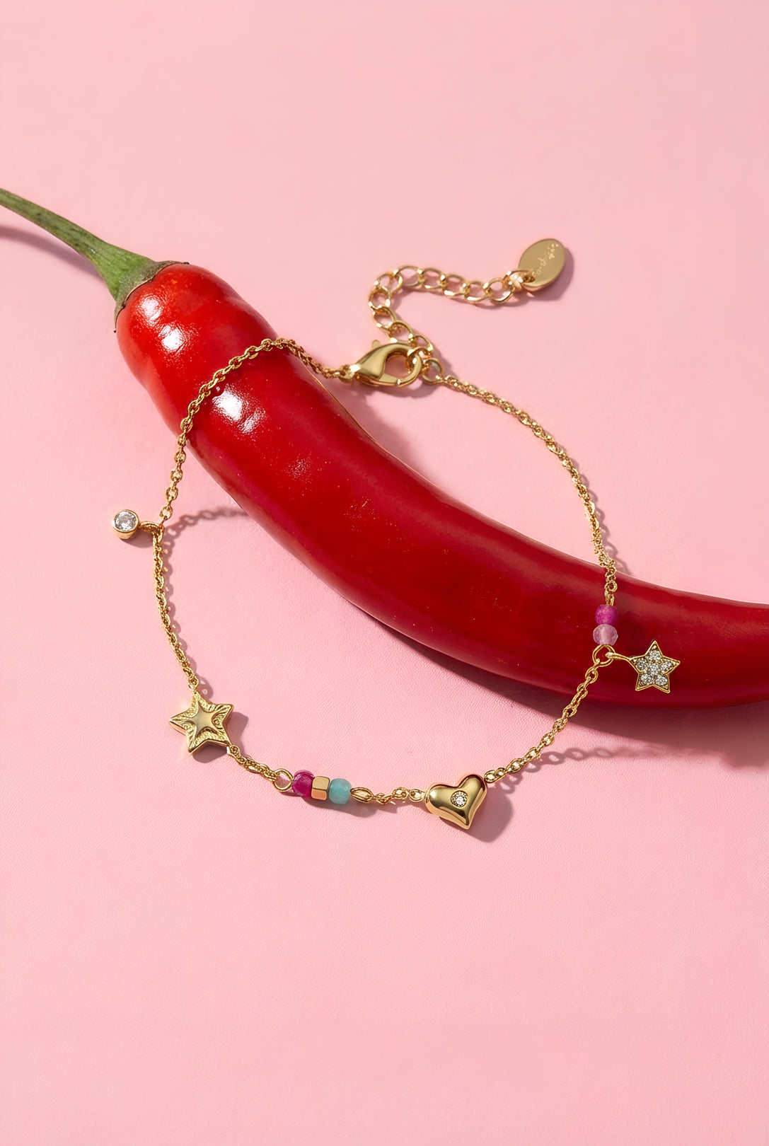 Bracelet à breloques pour femme en acier inoxydable avec motif cœur et étoile – couleur or – photo 2