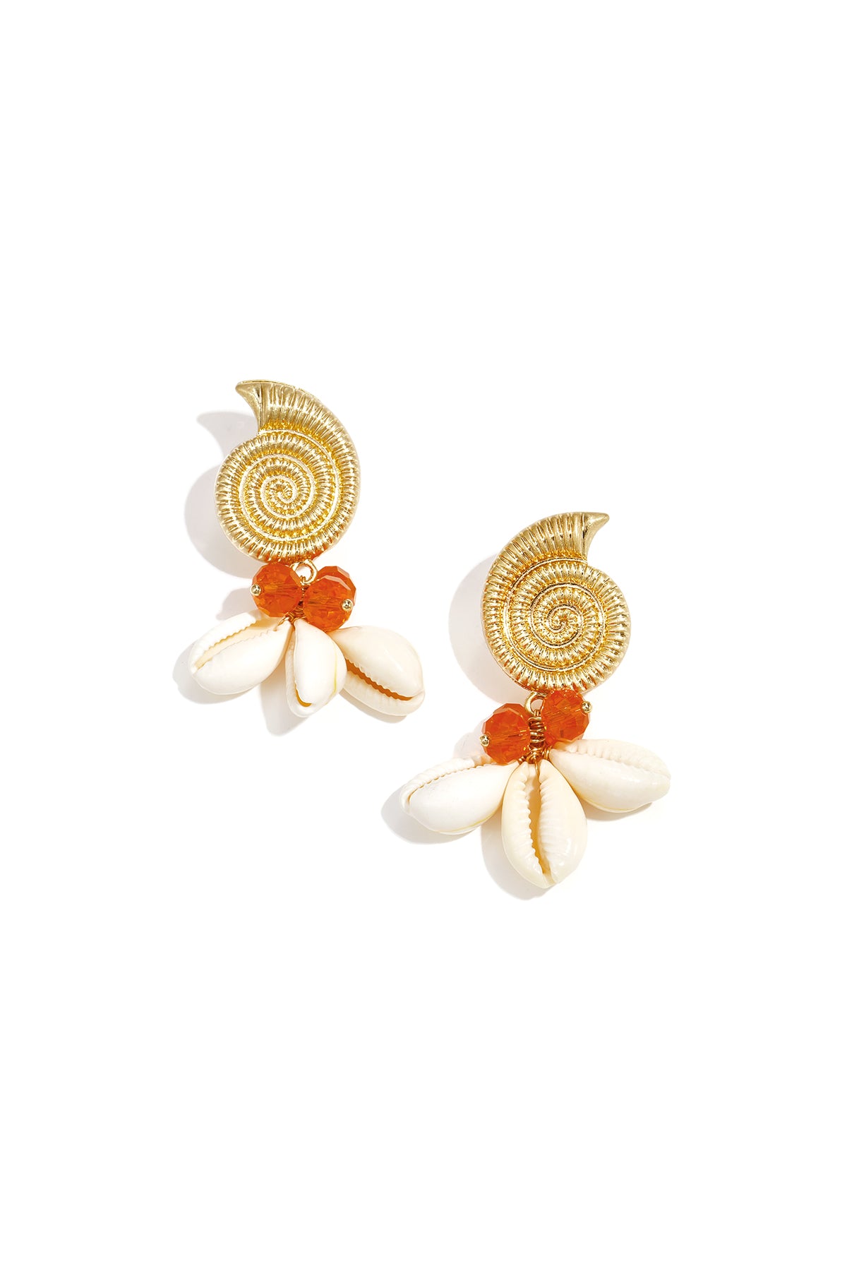 Women's metal alloy, glass, shell bead earrings with shell motif – orange and rose red
