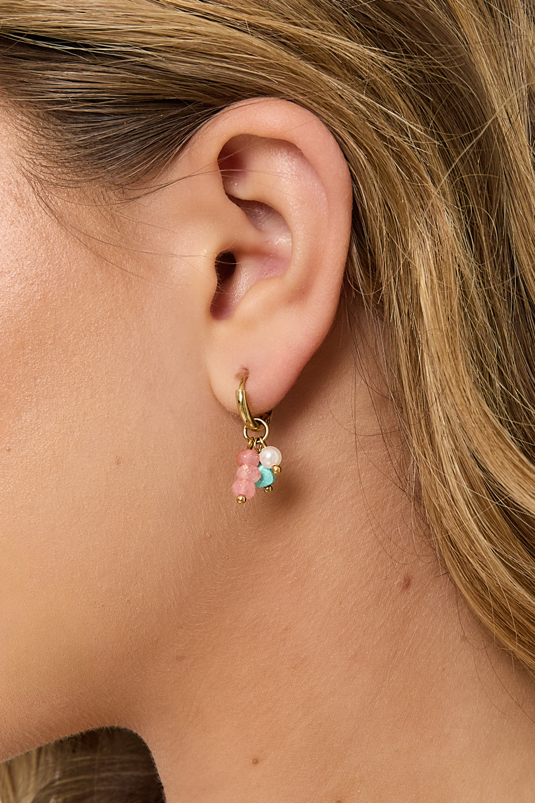 Women's Beaded Earrings Stainless Steel, Stone, Imitation Pearl with Dots – Pink and Blue – image 3