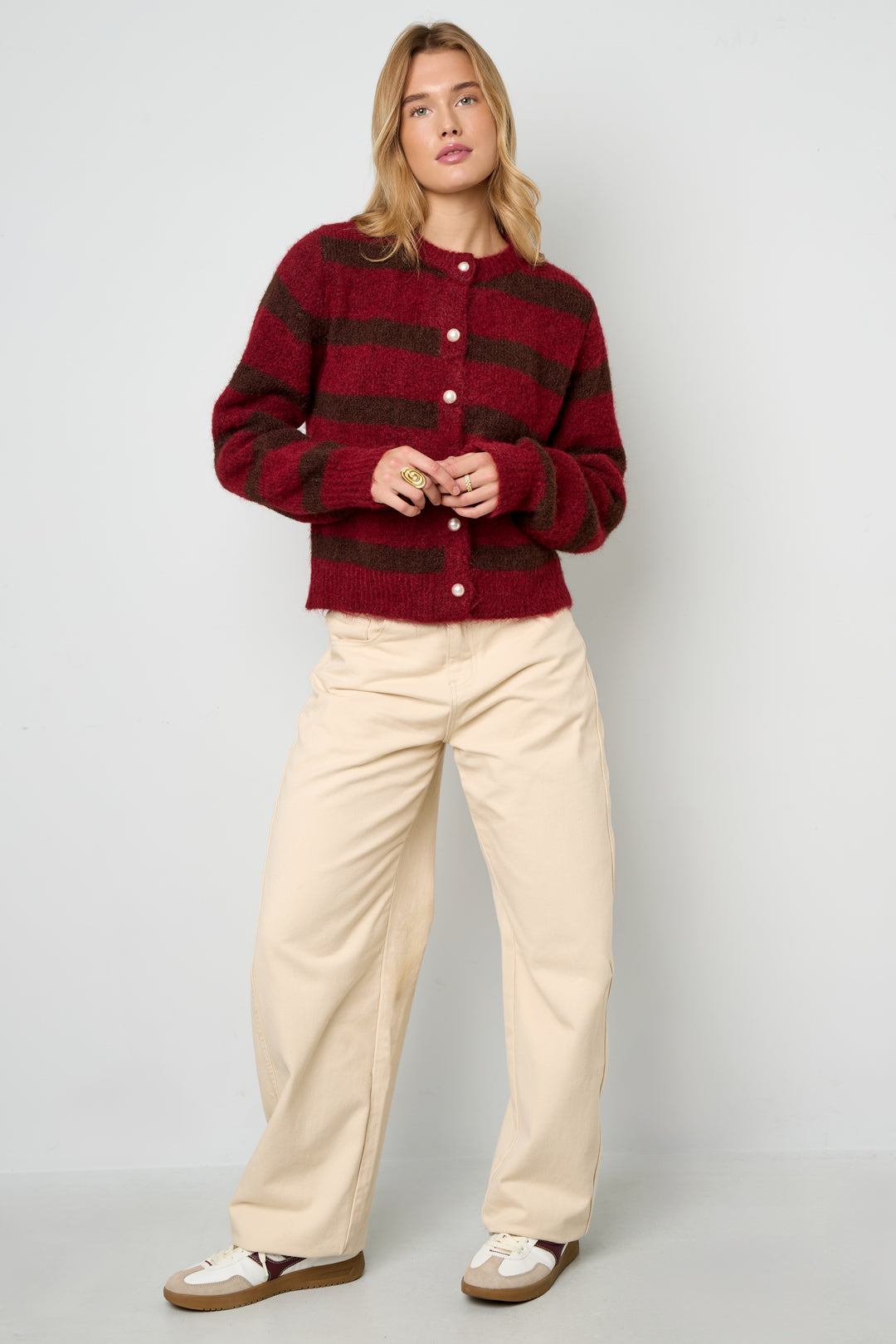 Dames gestreepte cardigan van gebreid polyester – productfoto 4