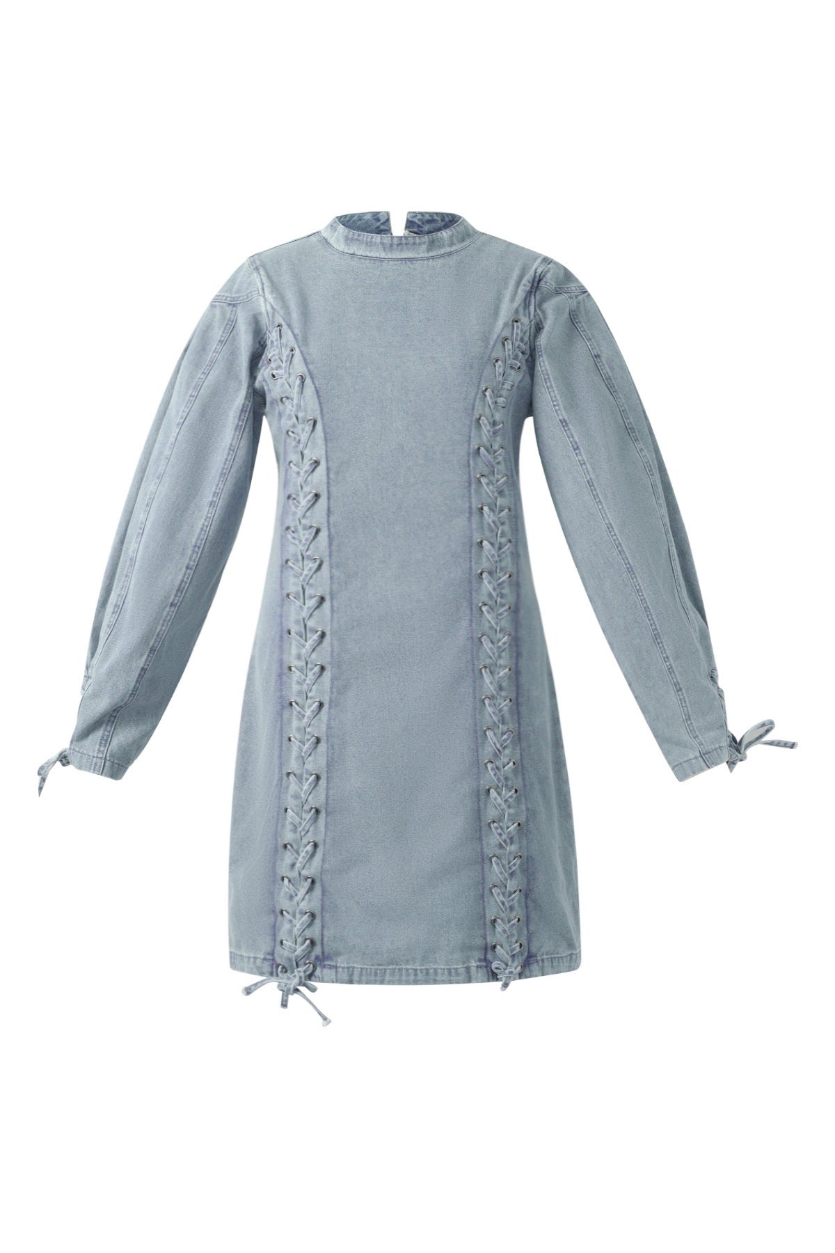 Cotton Woven Denim Dress Elegant Tie-up Solid Color