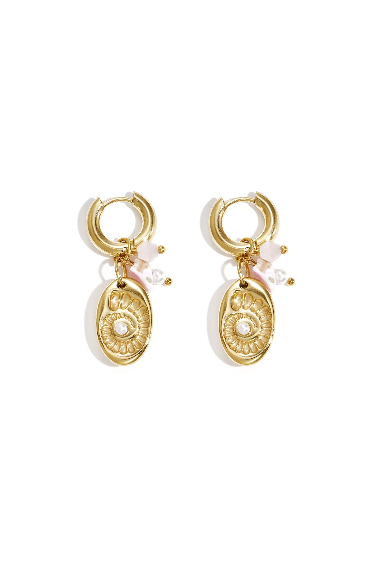 Women's drop earrings made of stainless steel, crystal, stone, imitation pearl with shell motif