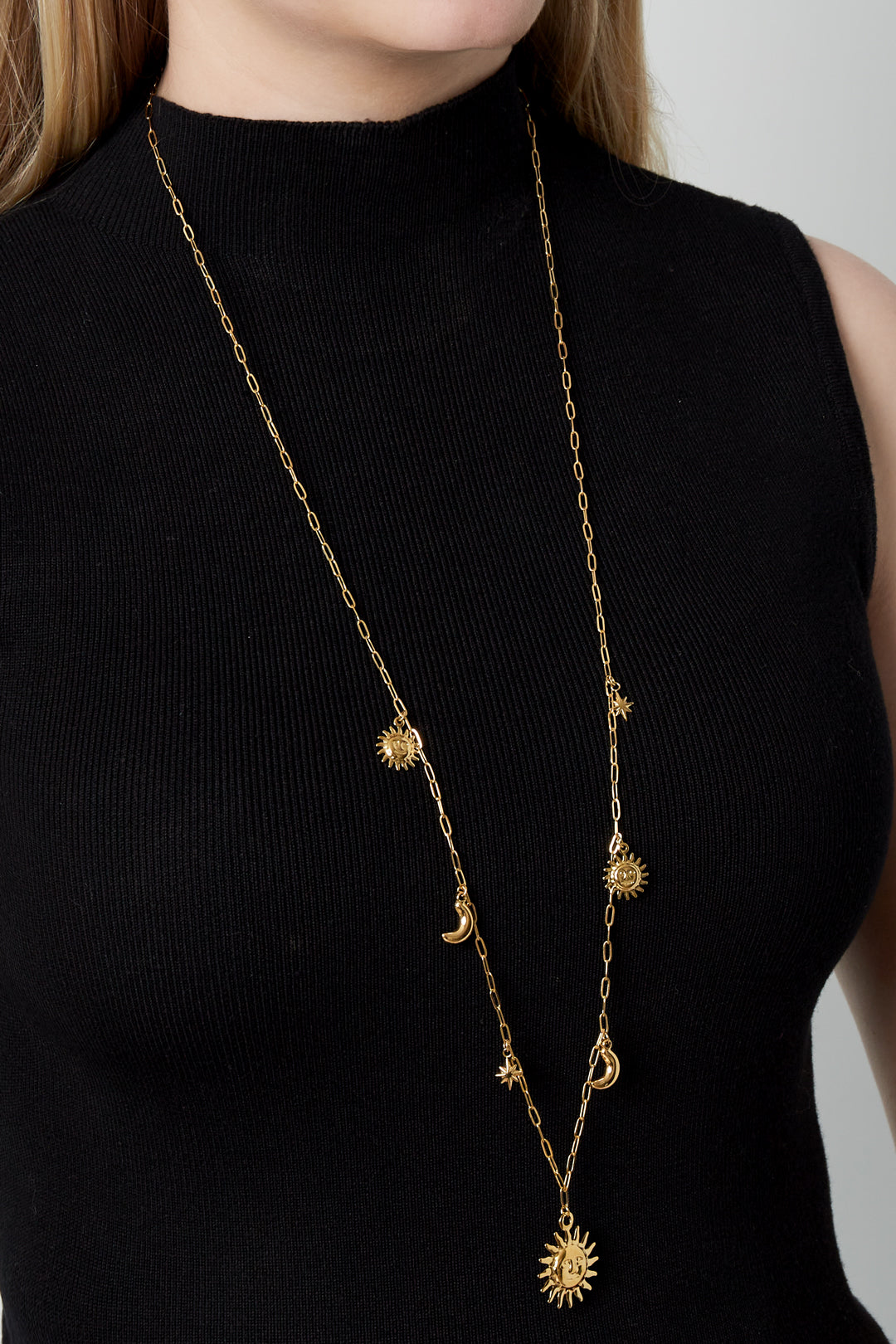 Women's long stainless steel necklace with sun and moon motif – image 2
