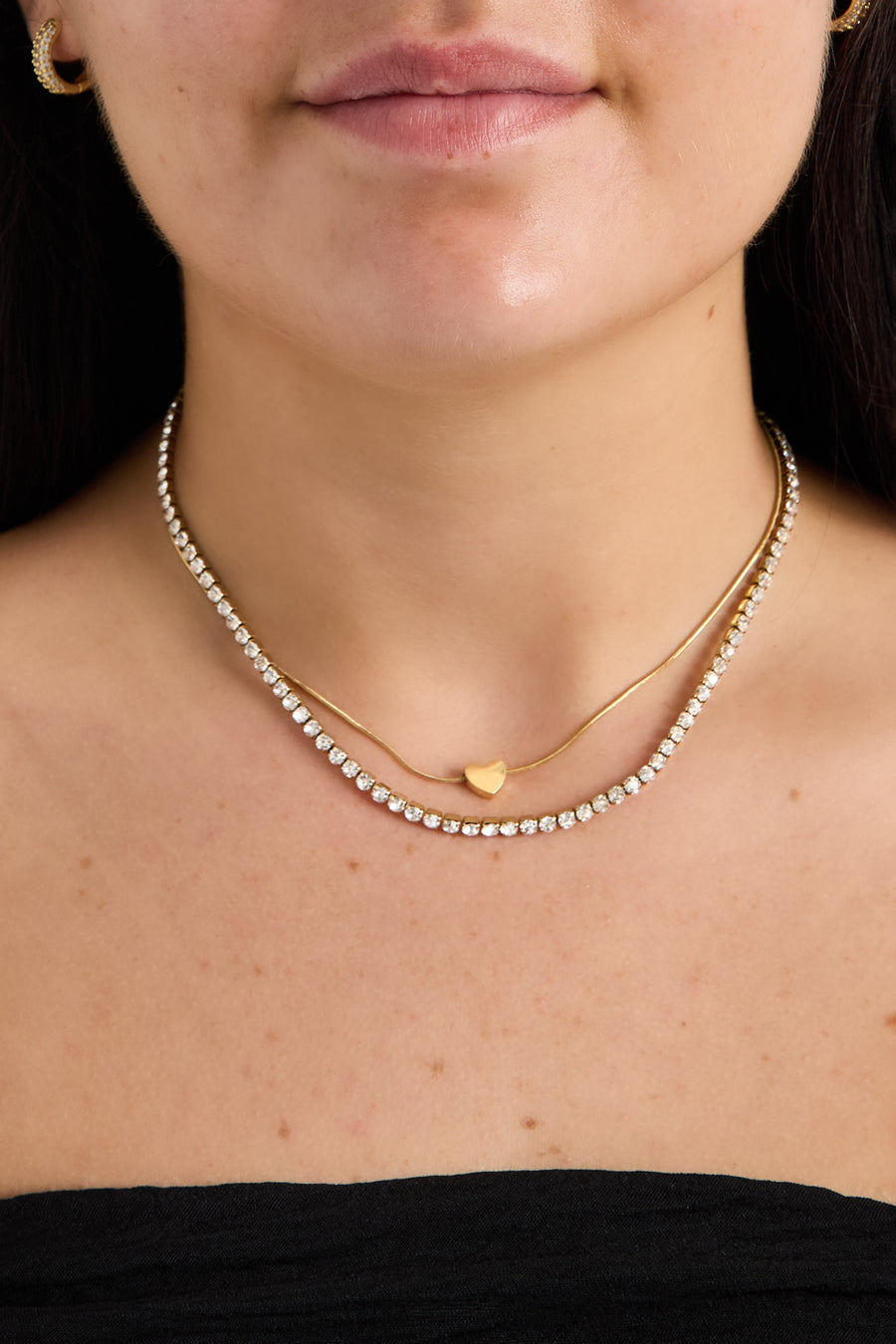 Collier superposé pour femme en acier inoxydable, strass d'imitation en forme de cœur – doré