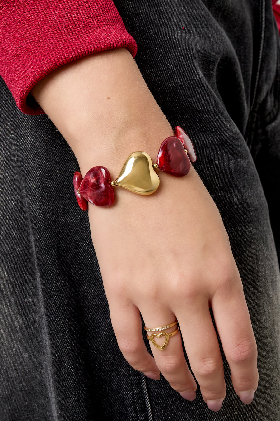 Bracelet de perles pour femme en acrylique avec cœur – marron – rétro