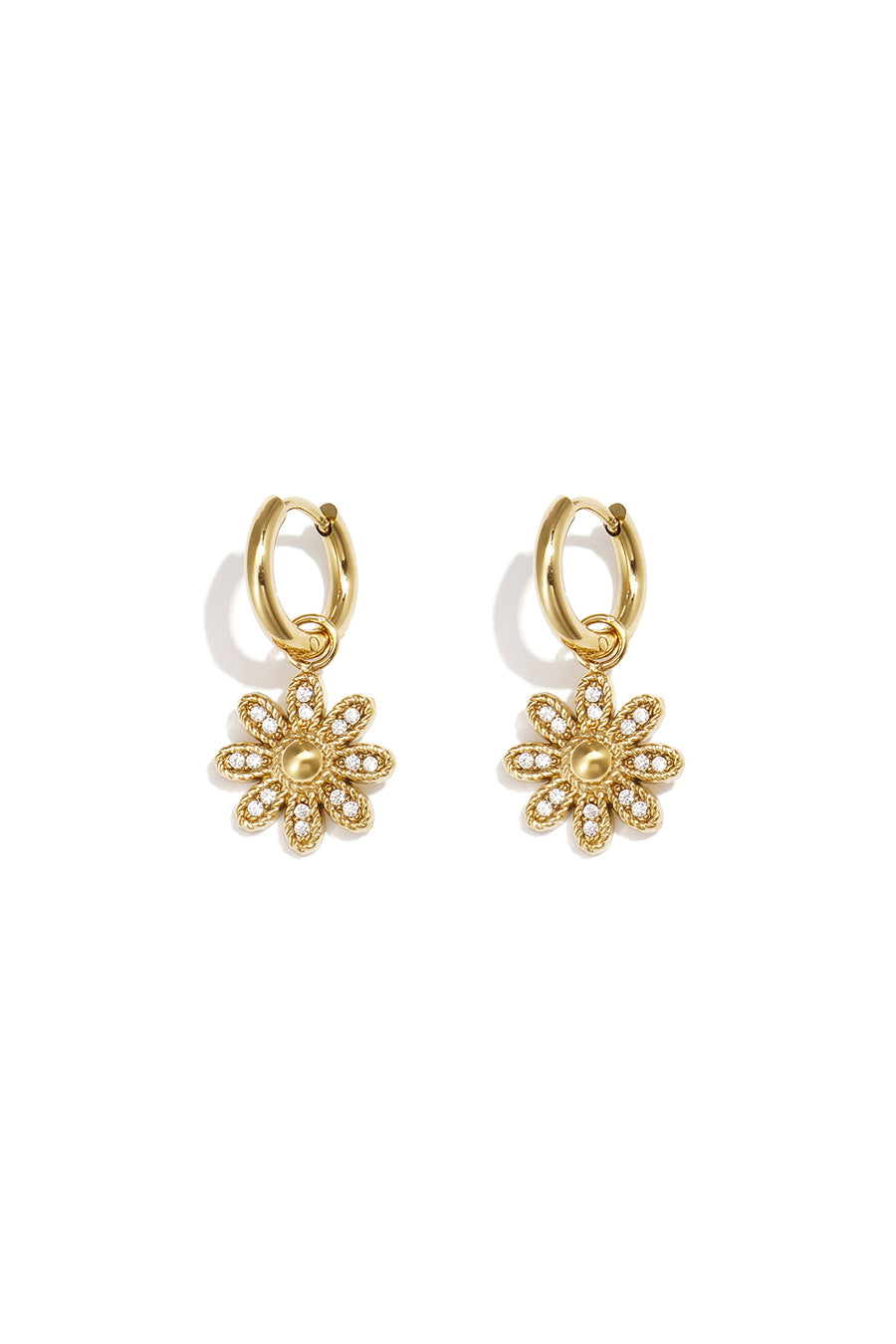Women's stainless steel dangle earrings with floral motif - gold-tone