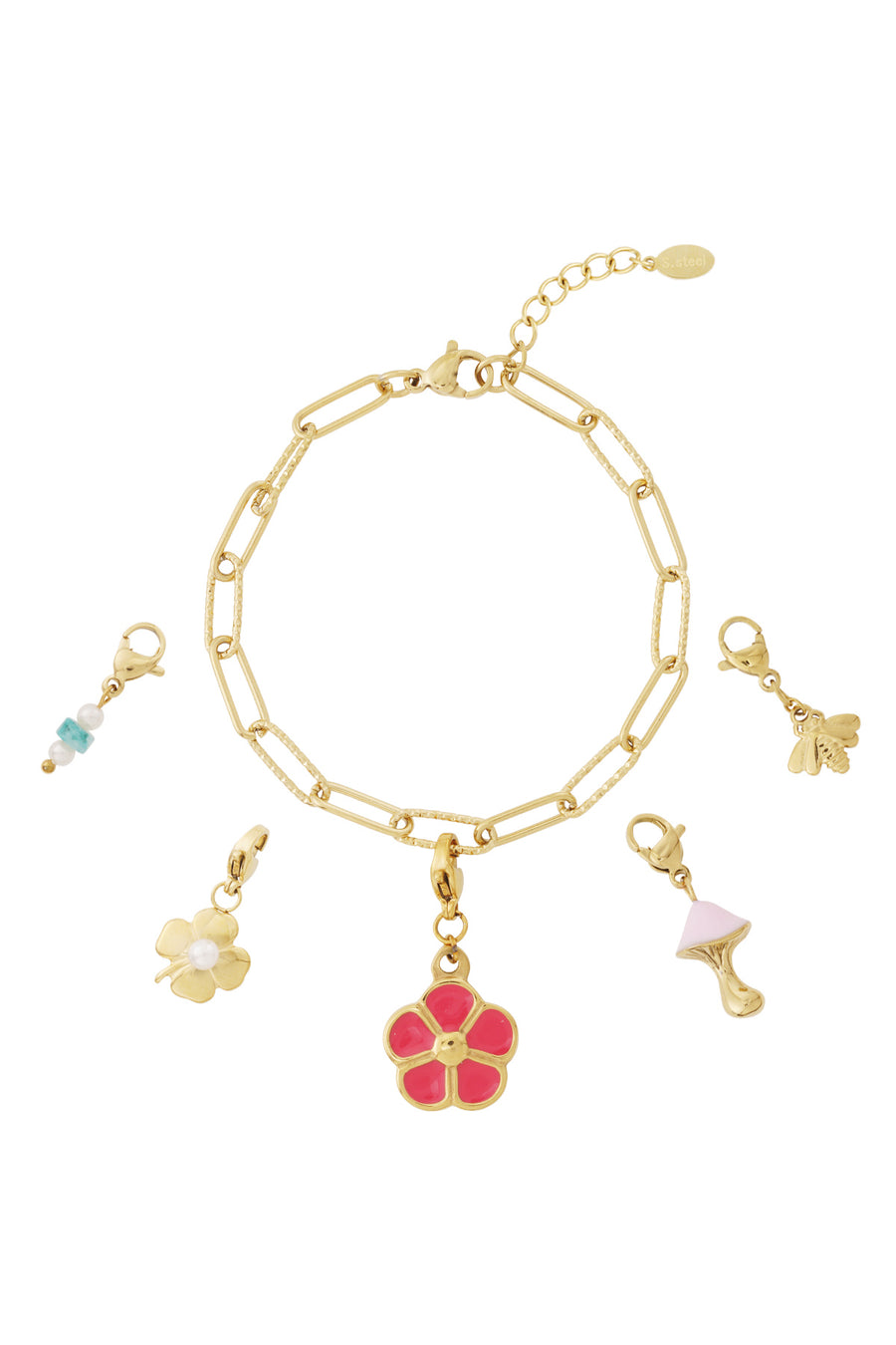 Bracelet à breloques pour femme en acier inoxydable, émail, perle d'imitation, pierre à motif floral