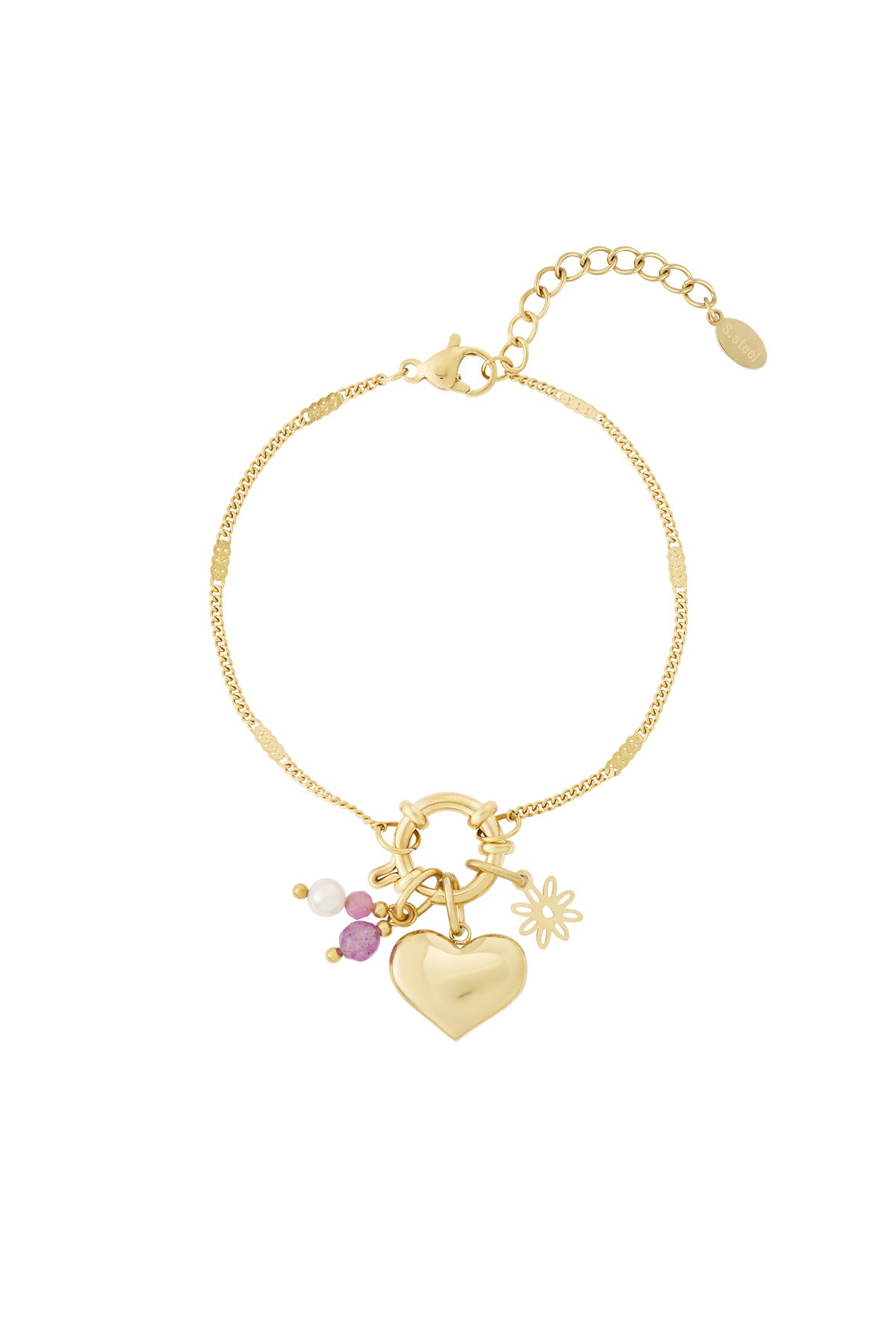 Women's Stainless Steel Charm Bracelet, Rhinestone, Faux Pearl, Glass with Heart Shape – Gold-colored – image 2