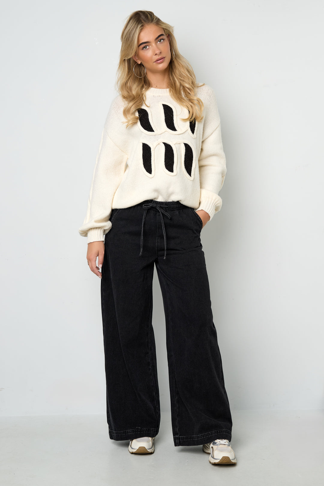 Geweven Katoen Vrouwen Wide Leg Jeans Sporty Solide Kleur