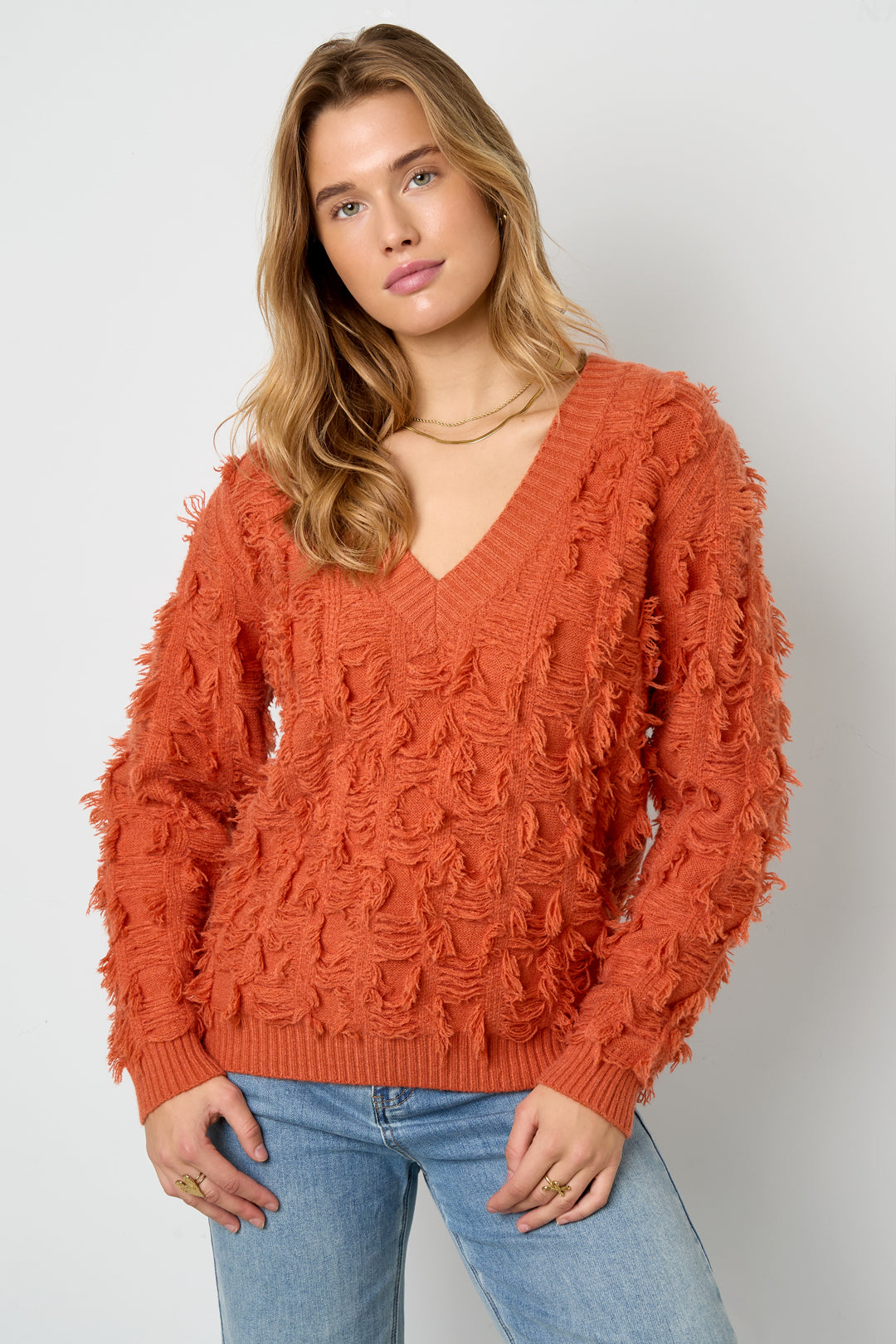 Dames V-sweater van polyester met franjes – productfoto 2