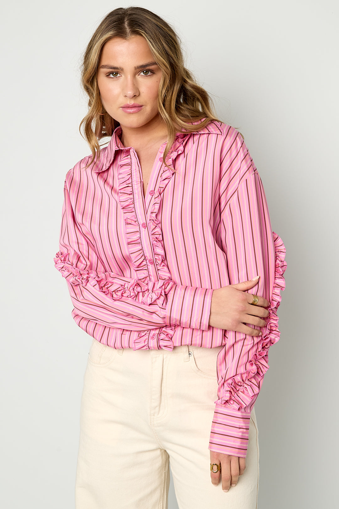 Dames katoenen blouse met ruches en strepen – productfoto 5
