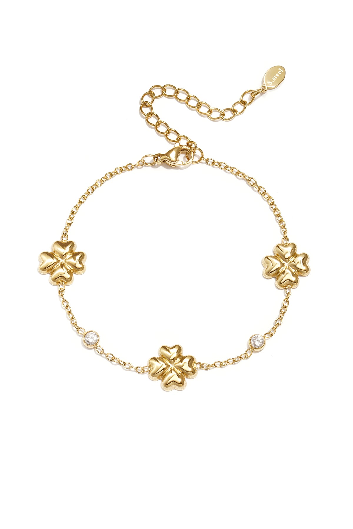 Women's Stainless Steel Charm Bracelet with Clover Motif – Gold Tone