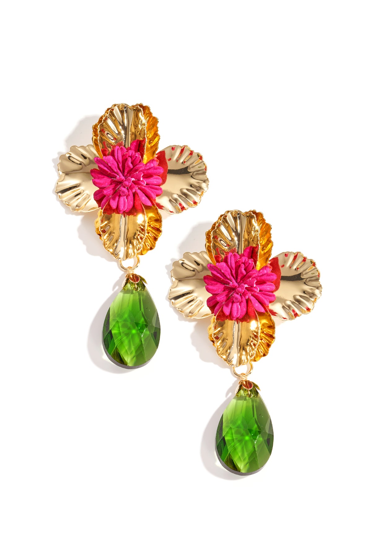 Boucles d'oreilles pendantes pour femmes en métal, résine, verre avec motif floral – bleu
