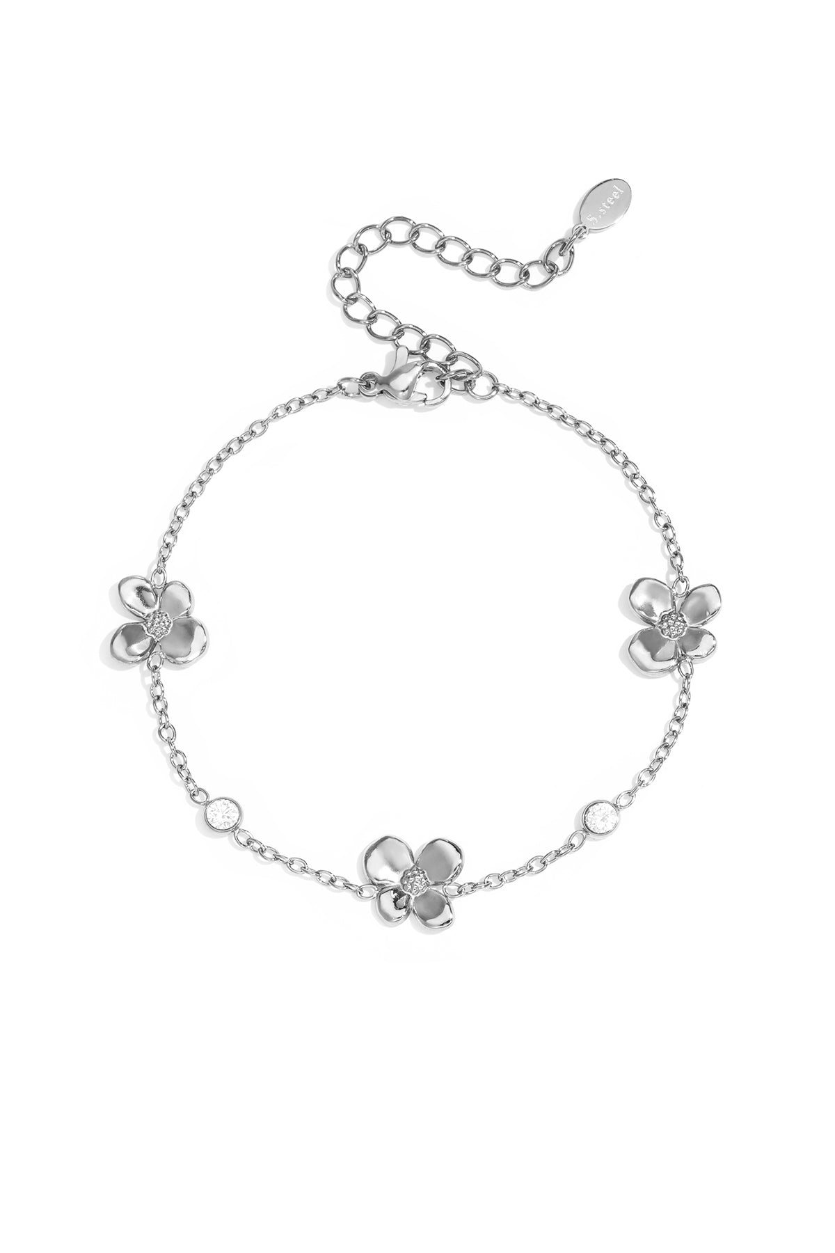 Women's Stainless Steel Charm Bracelet with Flower Design - Gold Tone