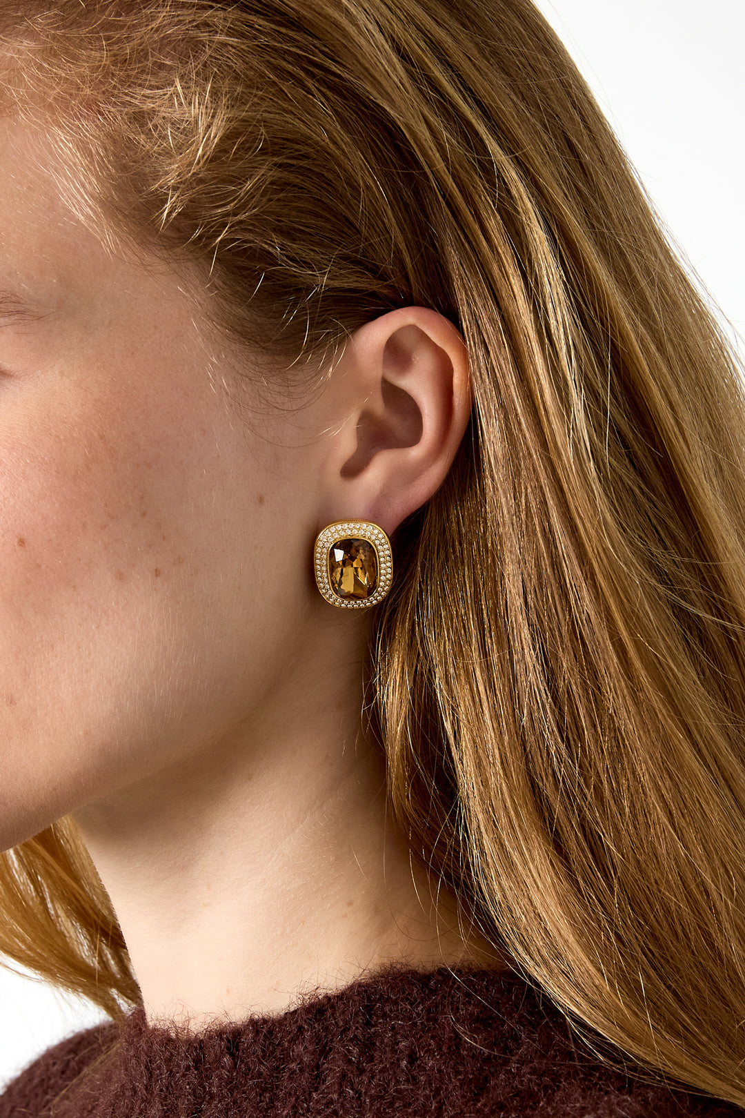 Women's stainless steel stud earrings with geometric shape – dark brown and white – image 2