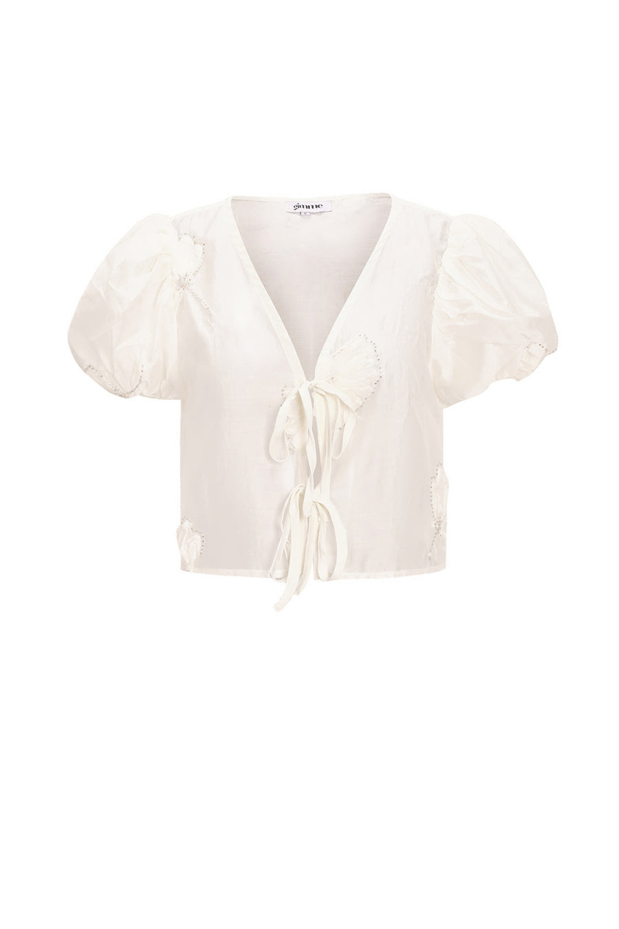 Top à manches courtes, imprimé floral et nœud décoratif – blanc