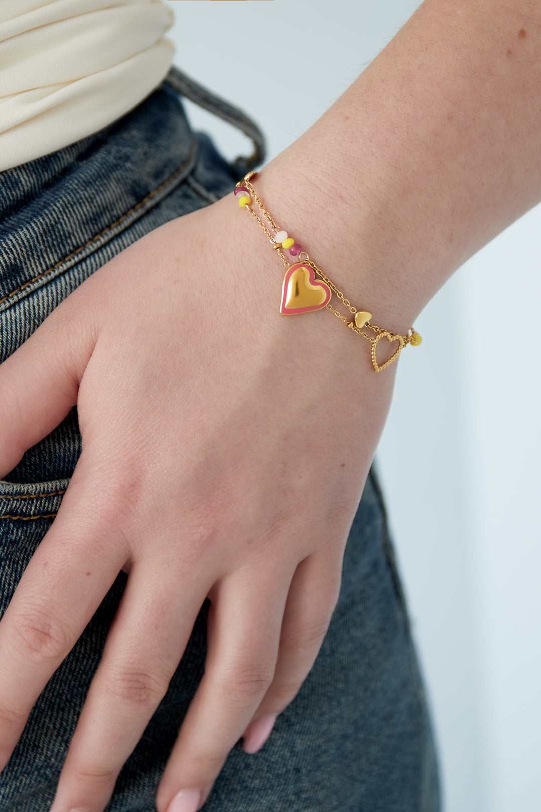 Women's Stainless Steel Charm Bracelet, Enamel, Stone with Heart Shape – Gold-colored – image 2