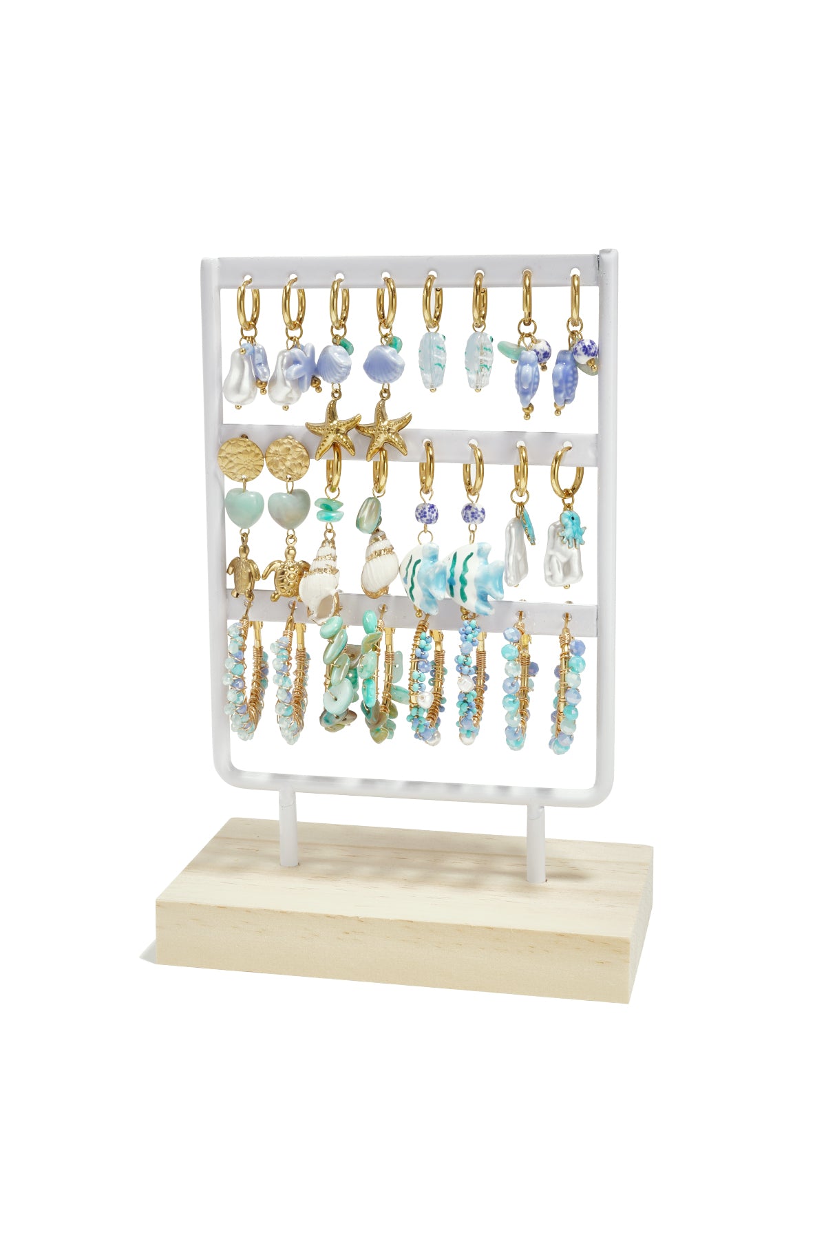 Présentoir à boucles d'oreilles en acier inoxydable, verre, céramique, émail, perle d'imitation, acrylique, coquille, émail