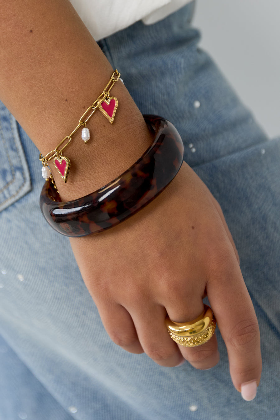 Bracelet à breloques pour femme en acier inoxydable, ABS, émail avec motif cœur – doré