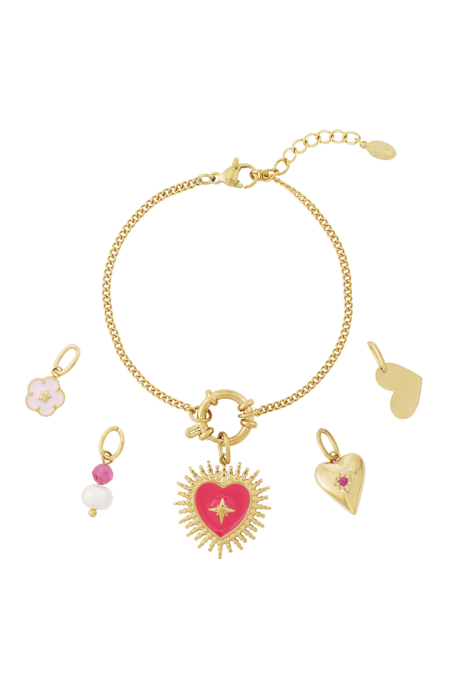 Bracelet à breloques pour femme en acier inoxydable, émail, perle d'imitation, verre, strass – doré