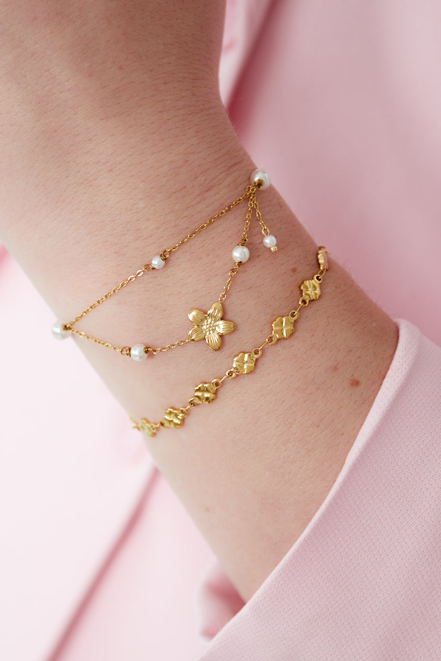 Bracelet de cheville pour femmes en acier inoxydable 304, fausse perle à motif floral