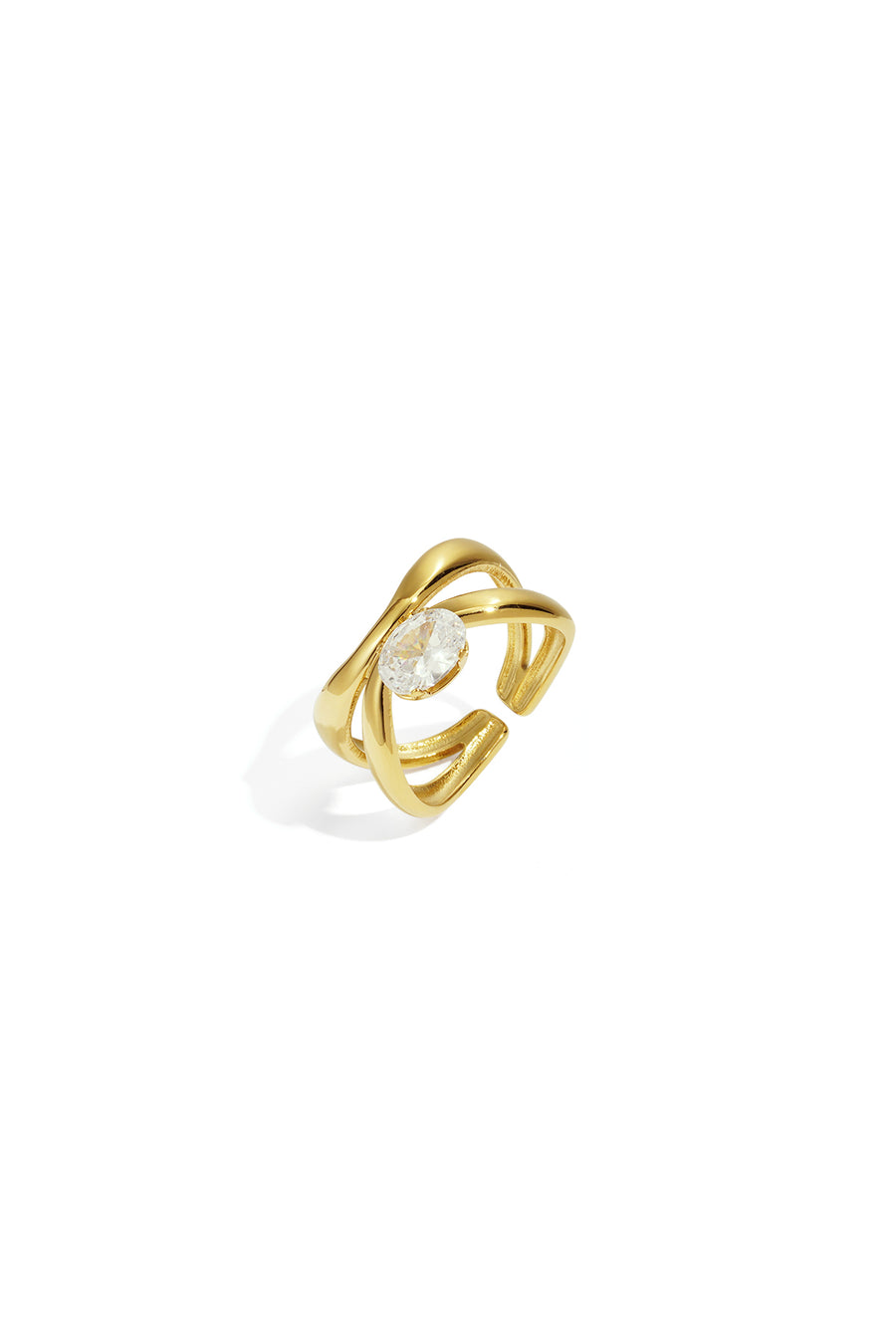 Bague pour femme en acier inoxydable avec pierre et motif ligné – coloris doré