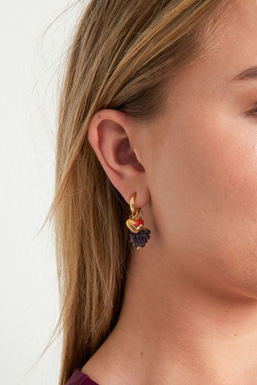 Boucles d'oreilles pendantes en acier inoxydable avec motif fruits pour femmes – rouge et violet