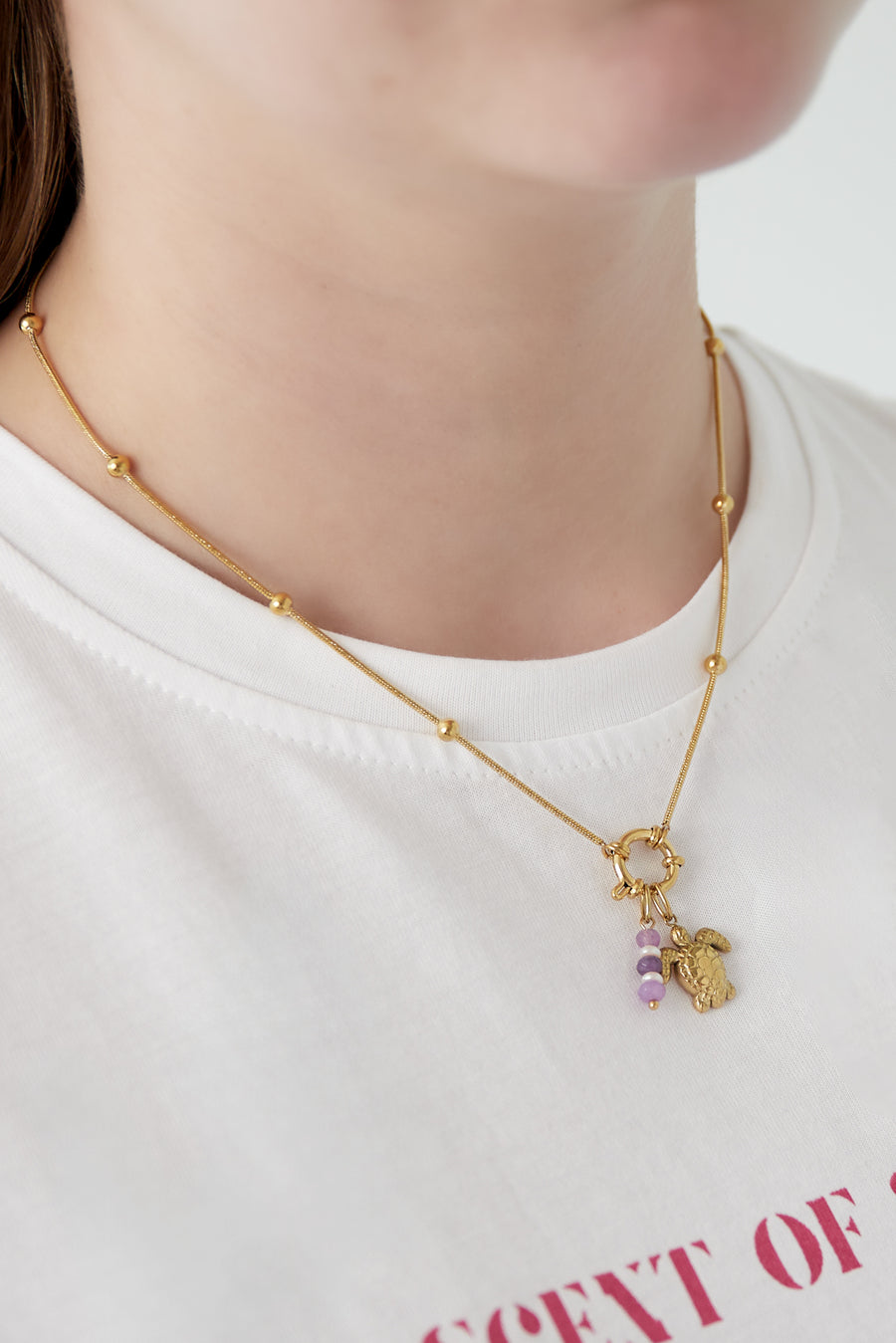 Collier pour femme avec pendentif en acier inoxydable, perle d'imitation, verre avec détails océaniques – couleur or