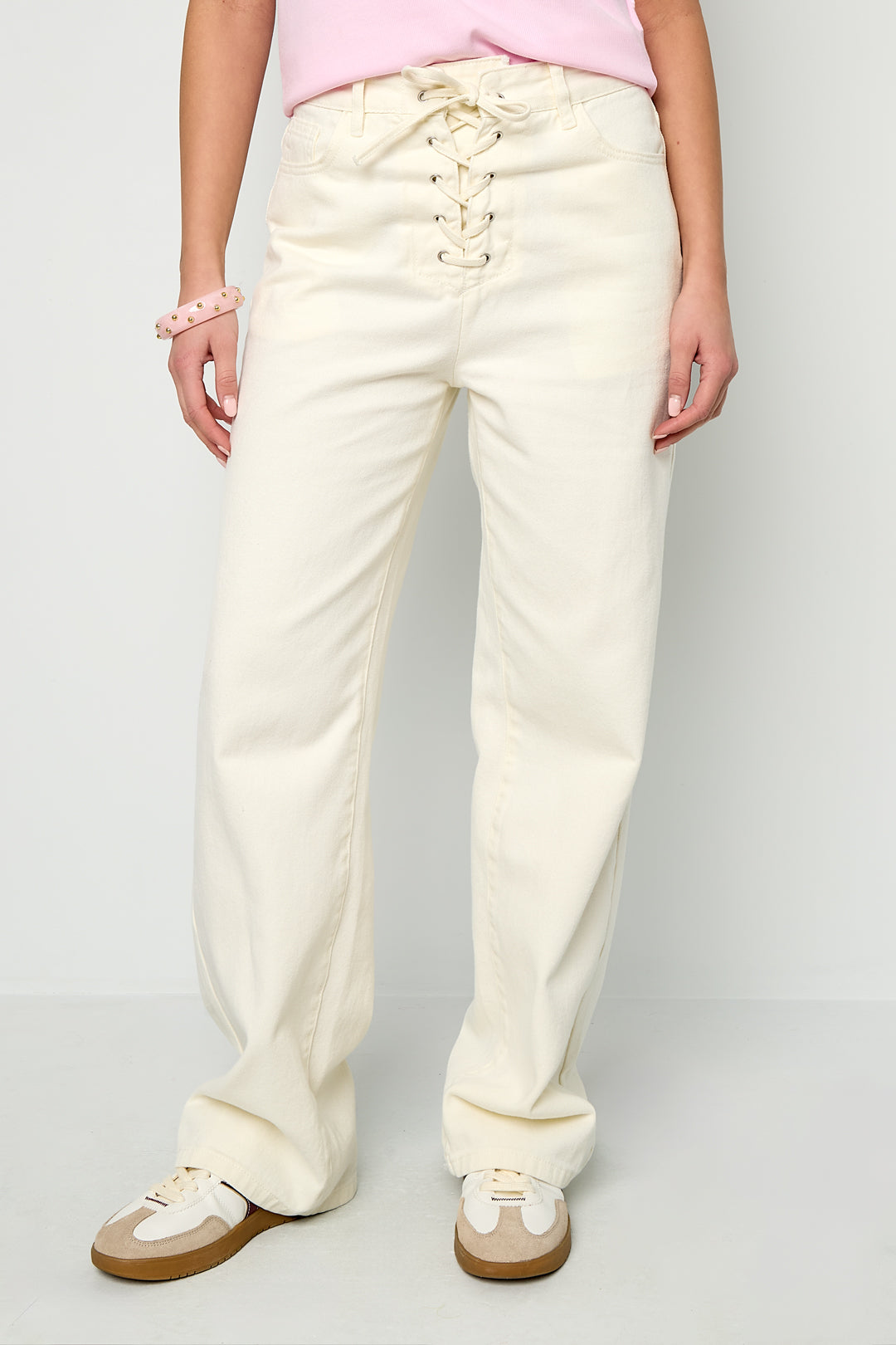 Dames witte jeans van geweven katoen met veterdetail – productfoto 8