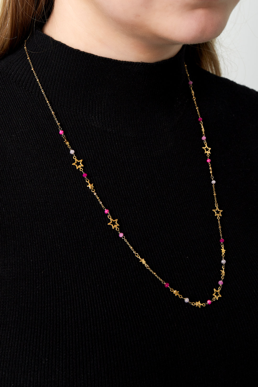 Women's Link Chain Necklace in 304 Stainless Steel, Star-Patterned Glass – Pink and Green – image 2