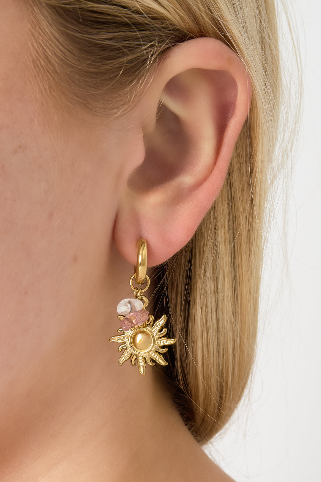Women's dangle earrings made of stainless steel, stone with sun motif - gold-colored and silver-colored – image 2
