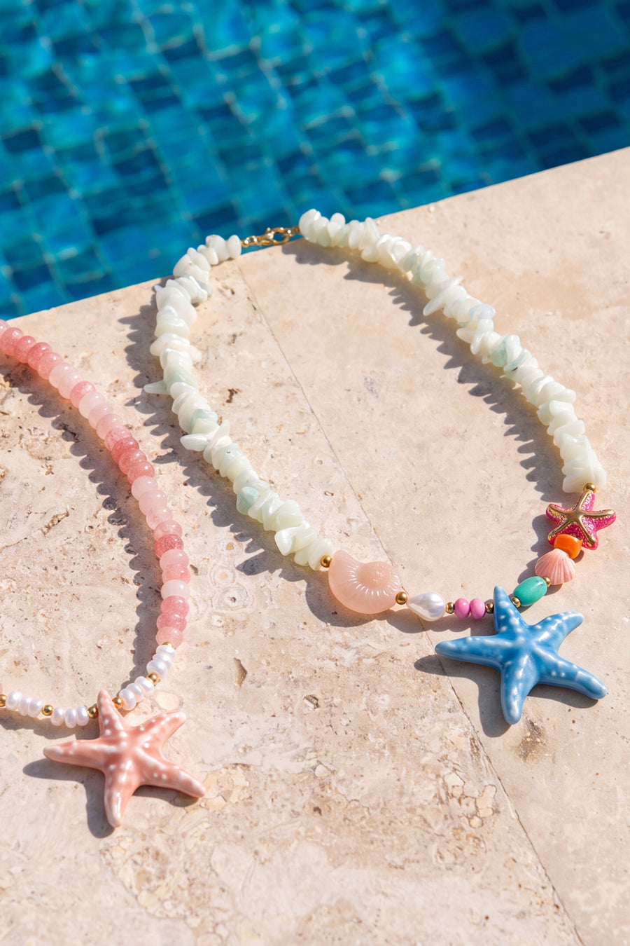 Collier de perles pour femme en acier inoxydable, ABS, céramique, verre avec motif coquillage et motif étoile de mer