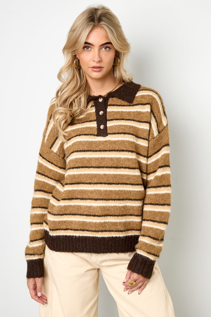 Dames gebreide polotrui van polyester met strepen – productfoto 2