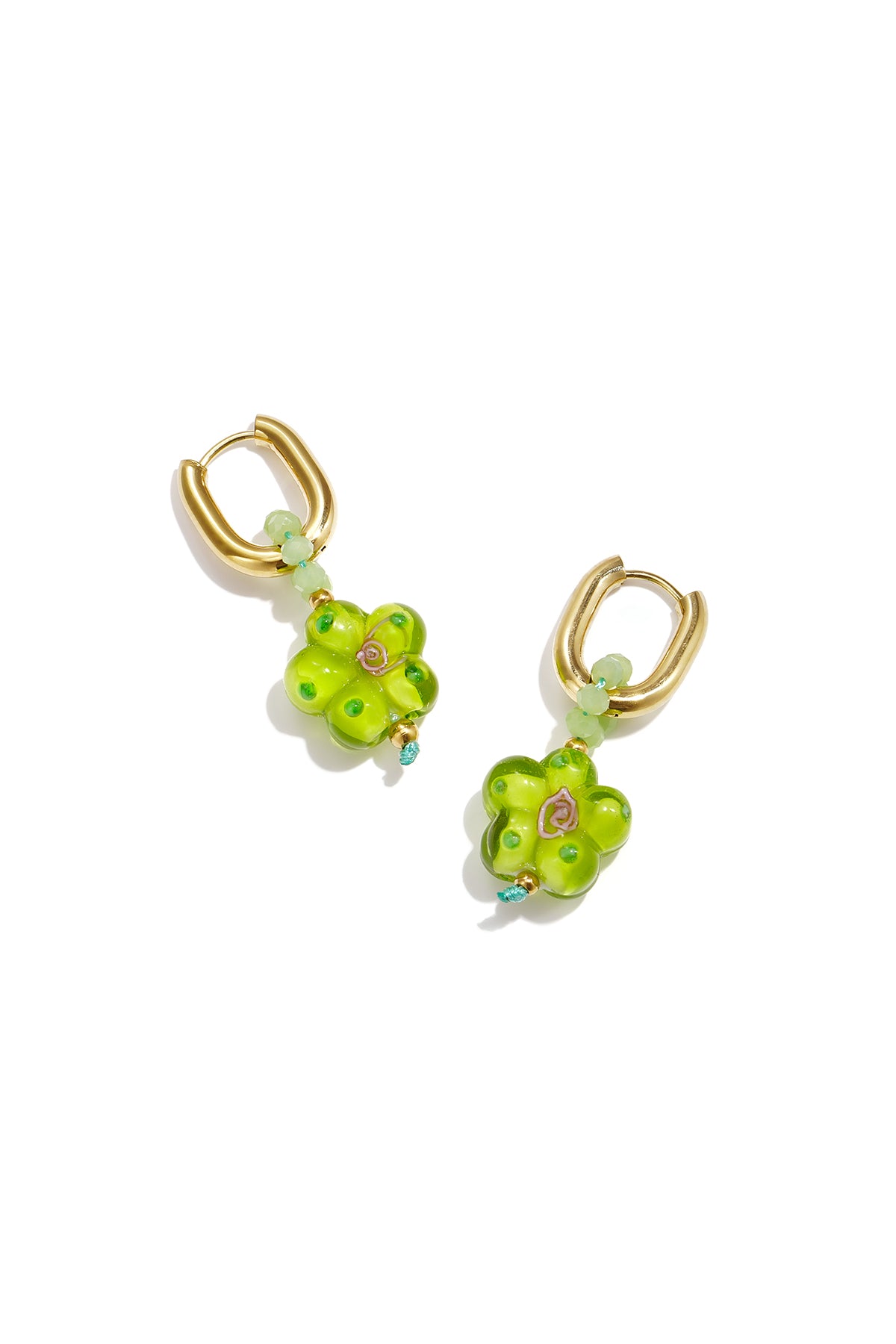Women's Beaded Drop Earrings in Stainless Steel, Enamel, Crystal with Floral Motif – Green and Pink